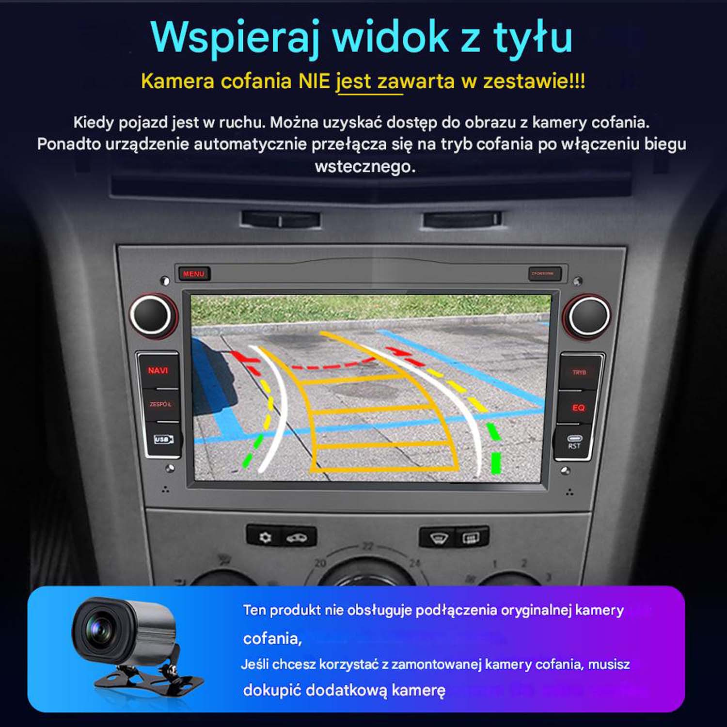 Deska rozdzielcza samochodu z ekranem wyświetlającym obraz z kamery cofania, z tekstem.