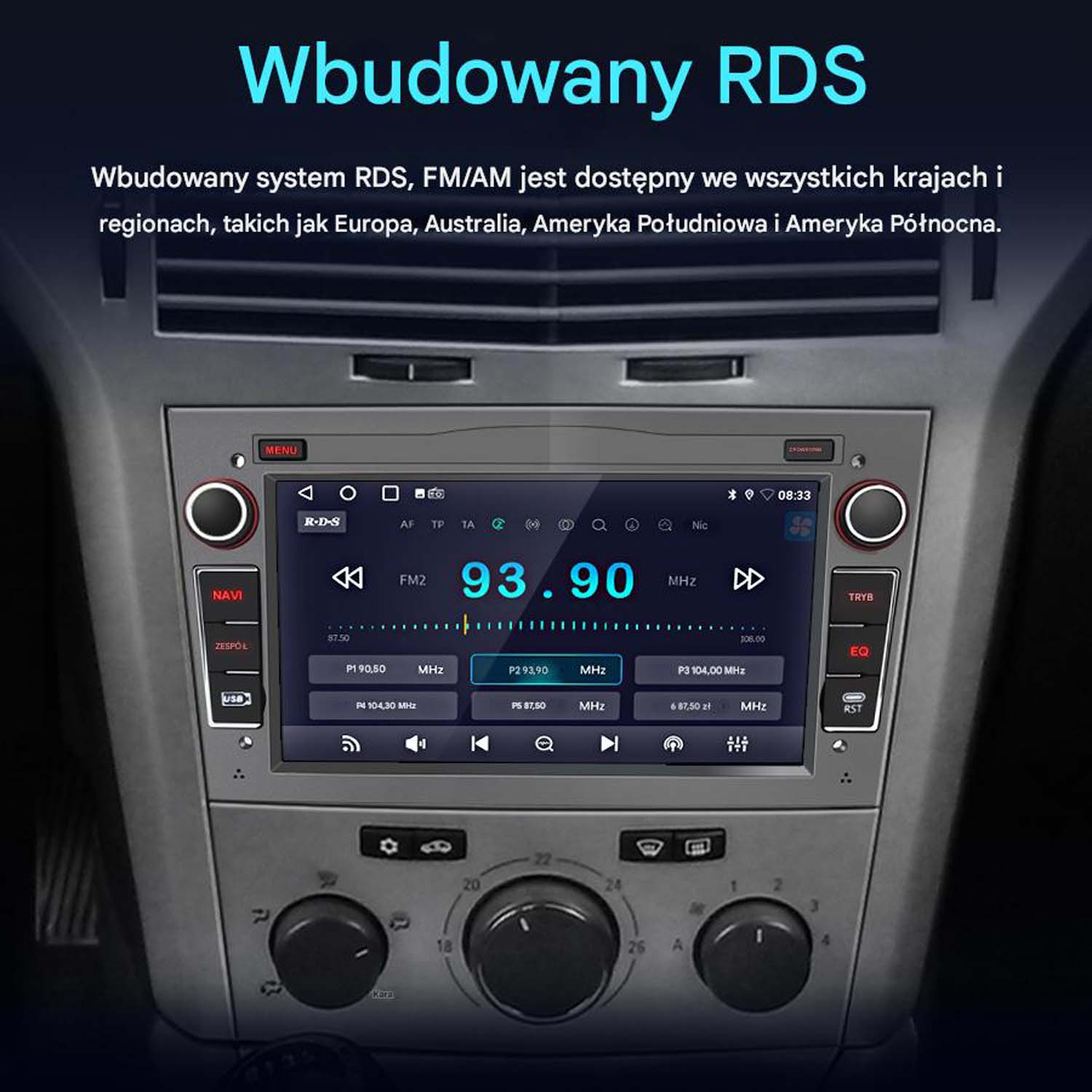 Ekran radia samochodowego z RDS. Wyświetla informacje radiowe i przyciski. Srebrny panel samochodu.