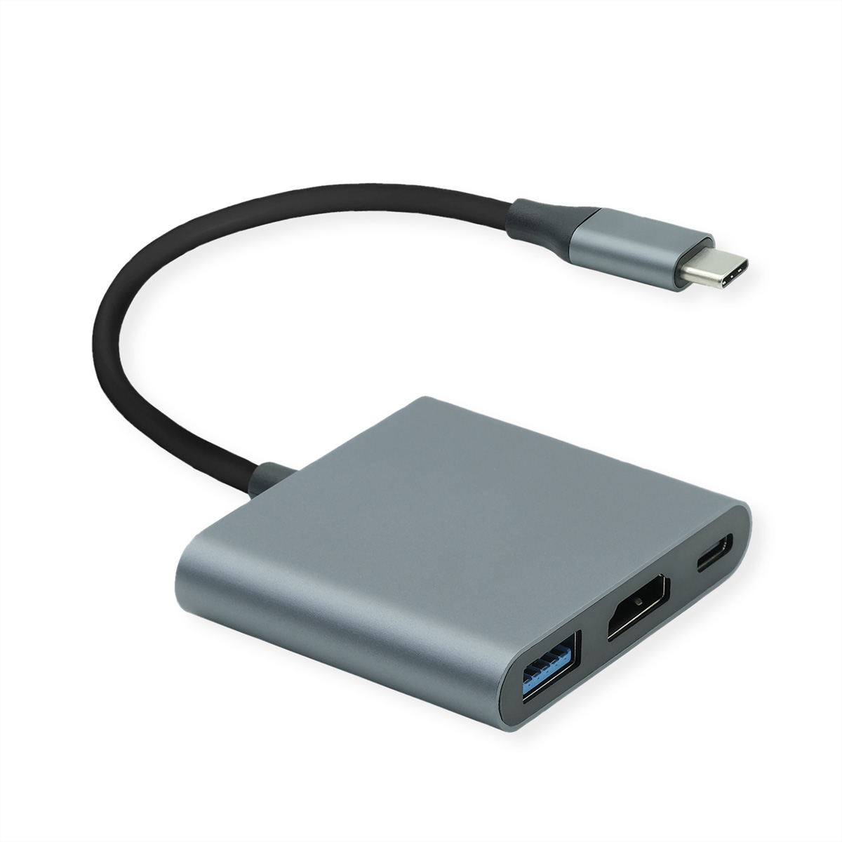 Hub USB gris avec ports USB, HDMI et USB-C et un câble noir. Fond blanc.