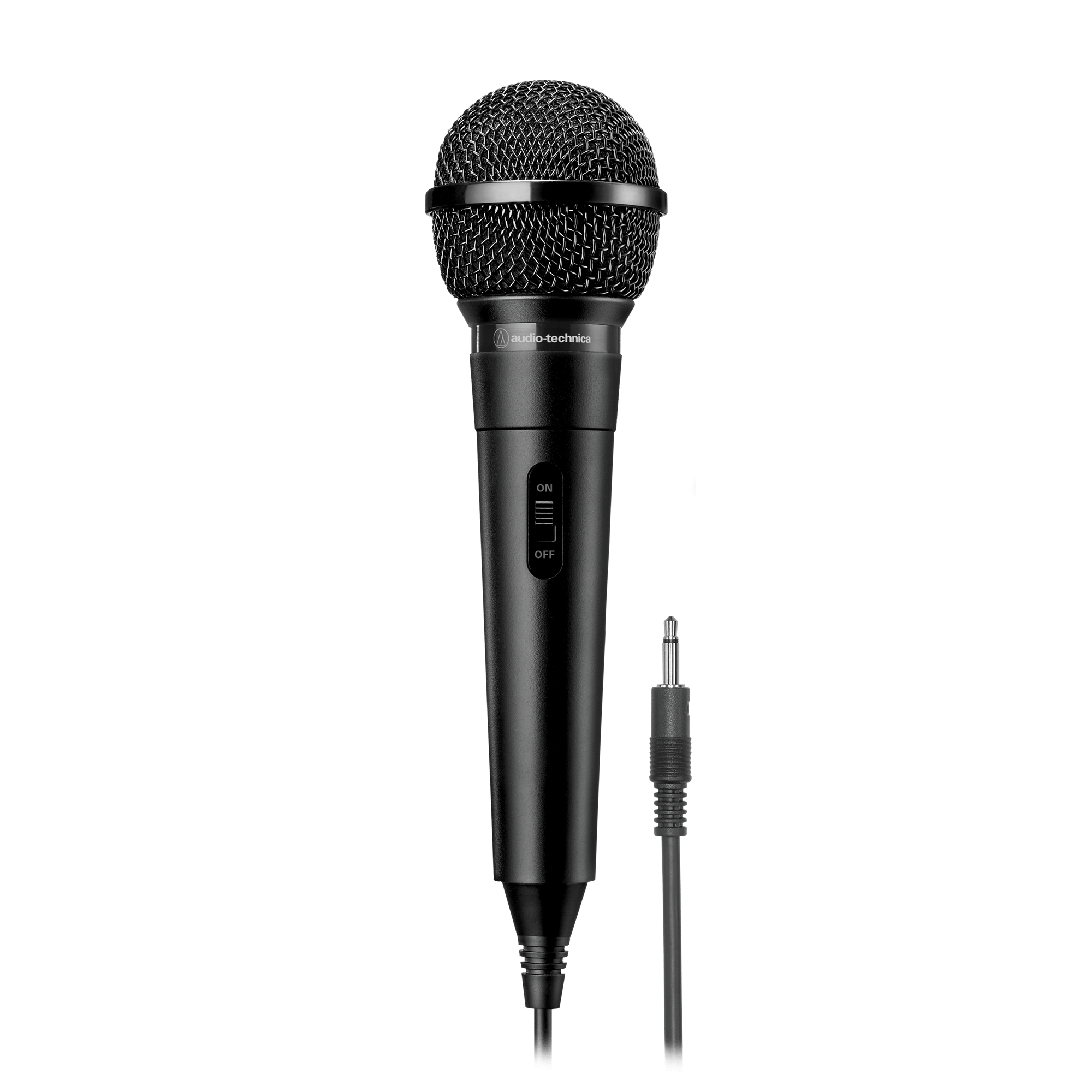Black microphone with an on/off switch and a cable with a 3.5mm jack connector.