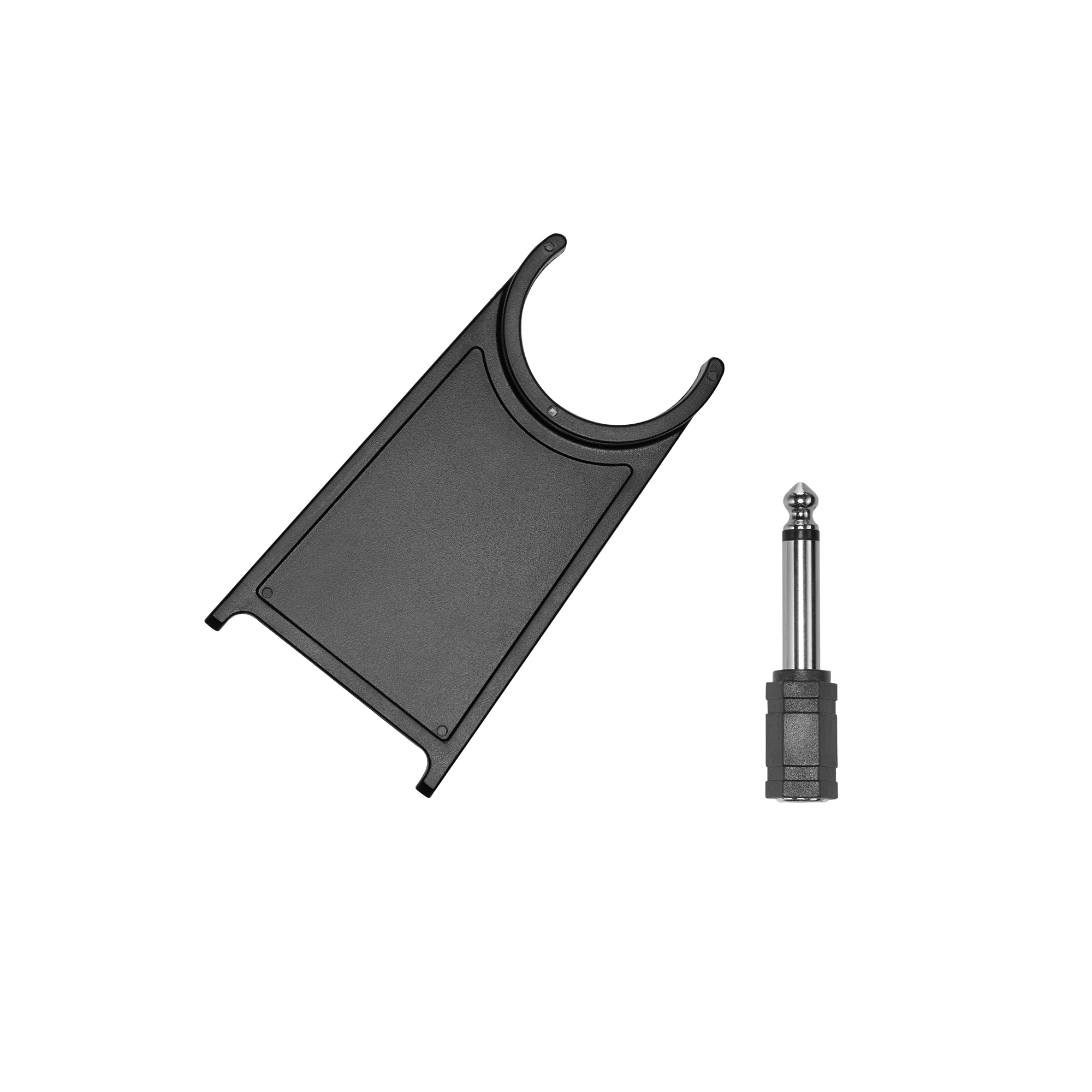 Black stand with a silver jack for a microphone, positioned on a white background.