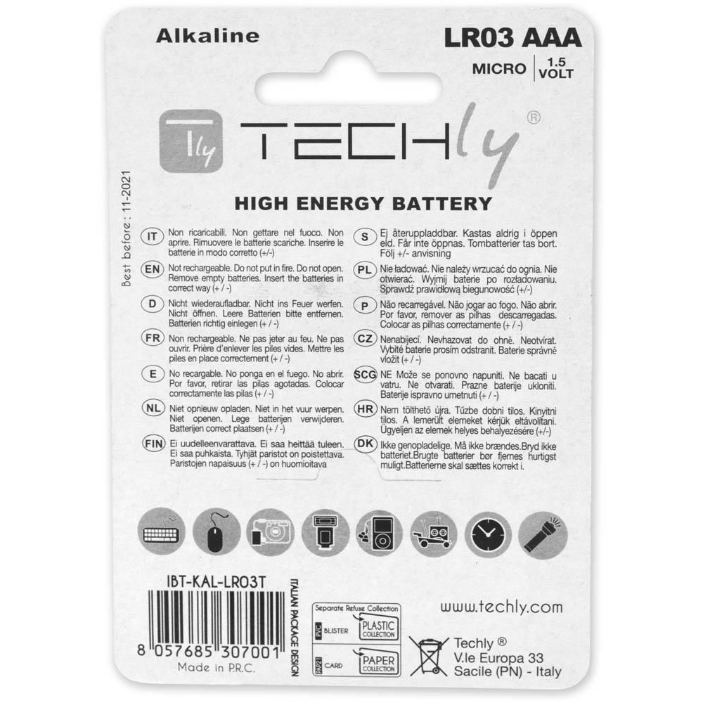 Confezione batteria Techly AAA. Testo in più lingue. Bianco e nero con logo Techly.