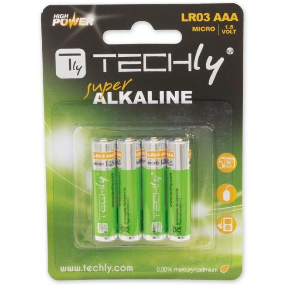 Confezione di quattro batterie AA, marca "Techly", in blister verde e bianco. Etichetta "High Power".