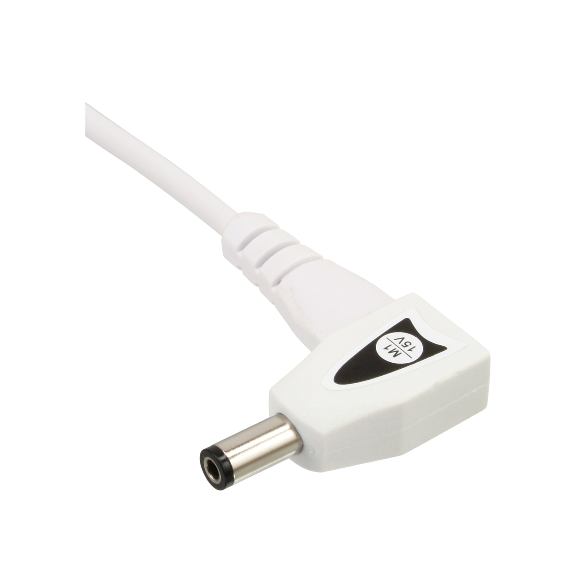 Adattatore di alimentazione bianco con etichetta 15V e connettore CC ad angolo retto su sfondo bianco.