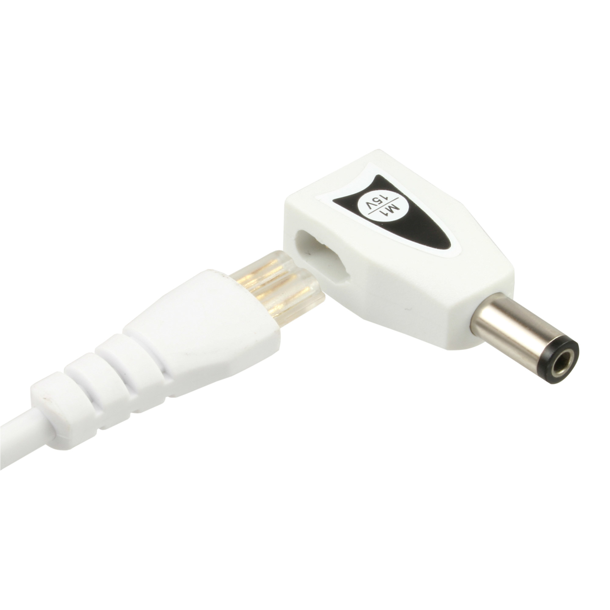 Cavo adattatore bianco con cavo bianco e connettore angolato da 15V e connettore standard.