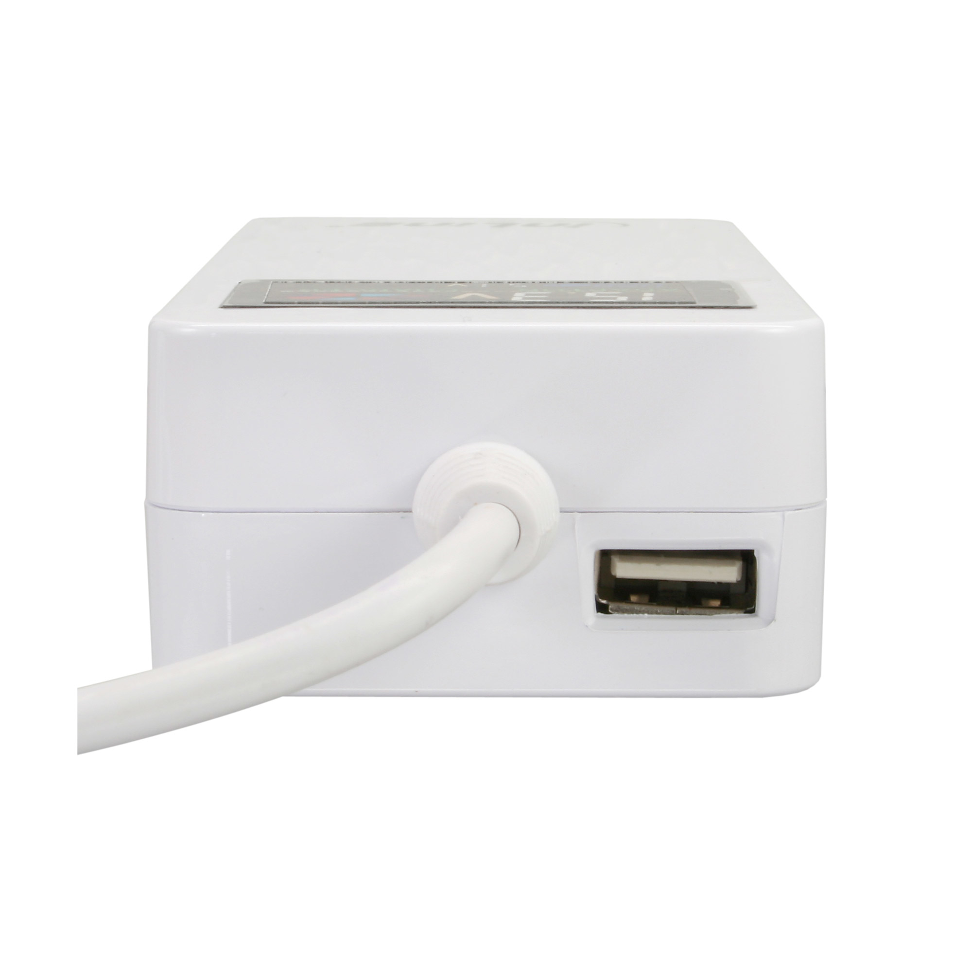 Hub USB bianco con cavo bianco e una porta USB. L'hub è bianco e ha una porta USB sul lato.