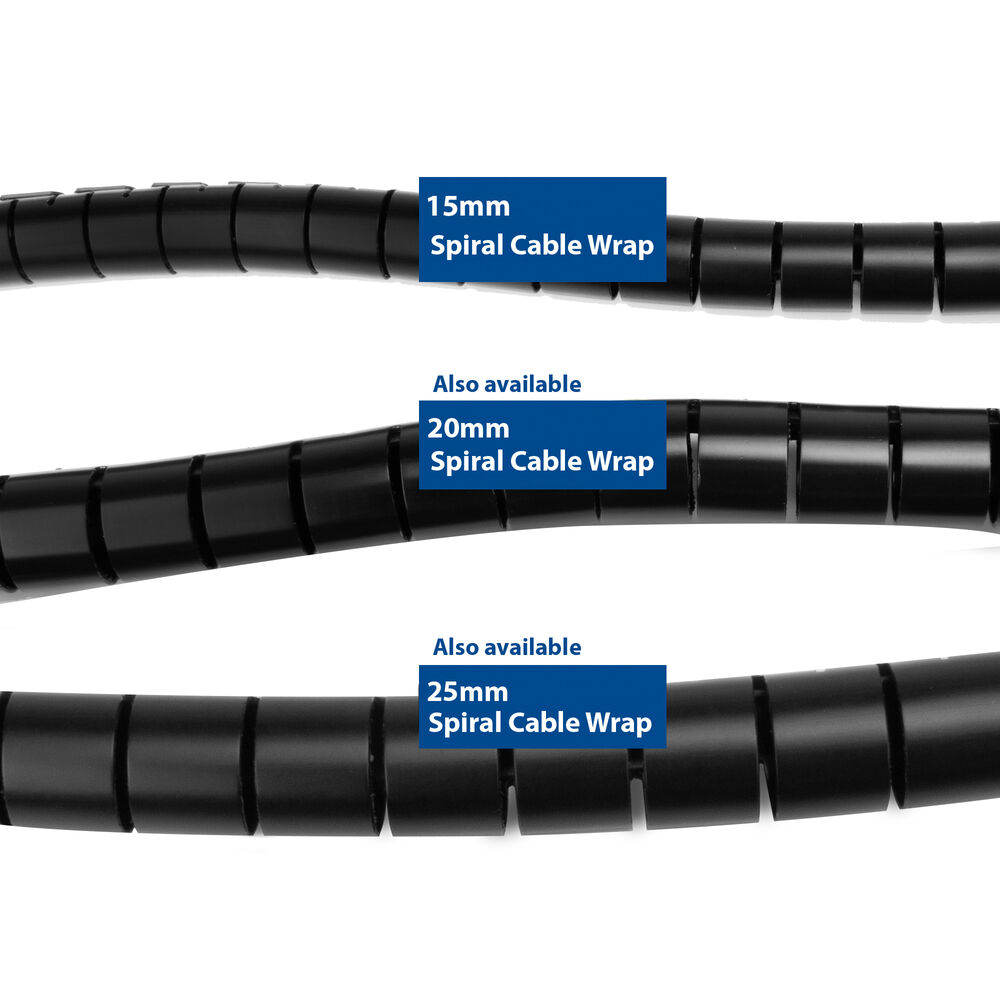 Primo piano di guaine per cavi a spirale nere, con etichette blu che indicano le dimensioni di 15 mm, 20 mm e 25 mm.