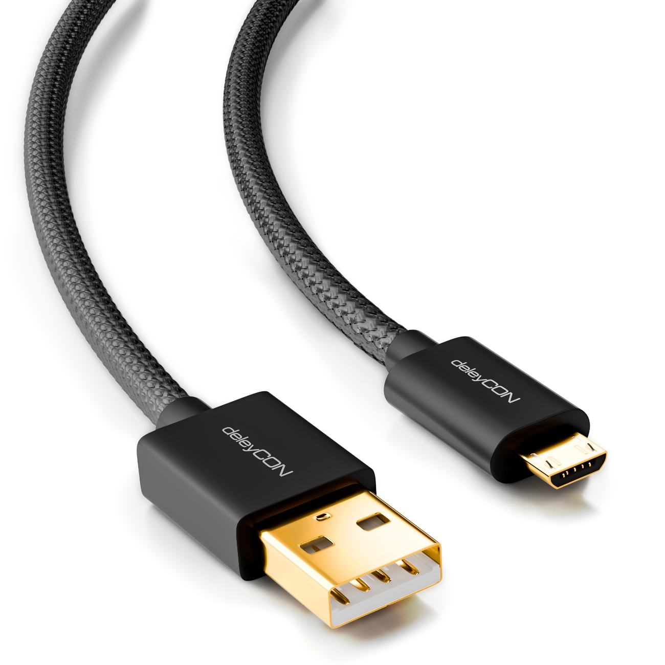 Schwarzes USB-Kabel mit USB-A- und Micro-USB-Anschluss.