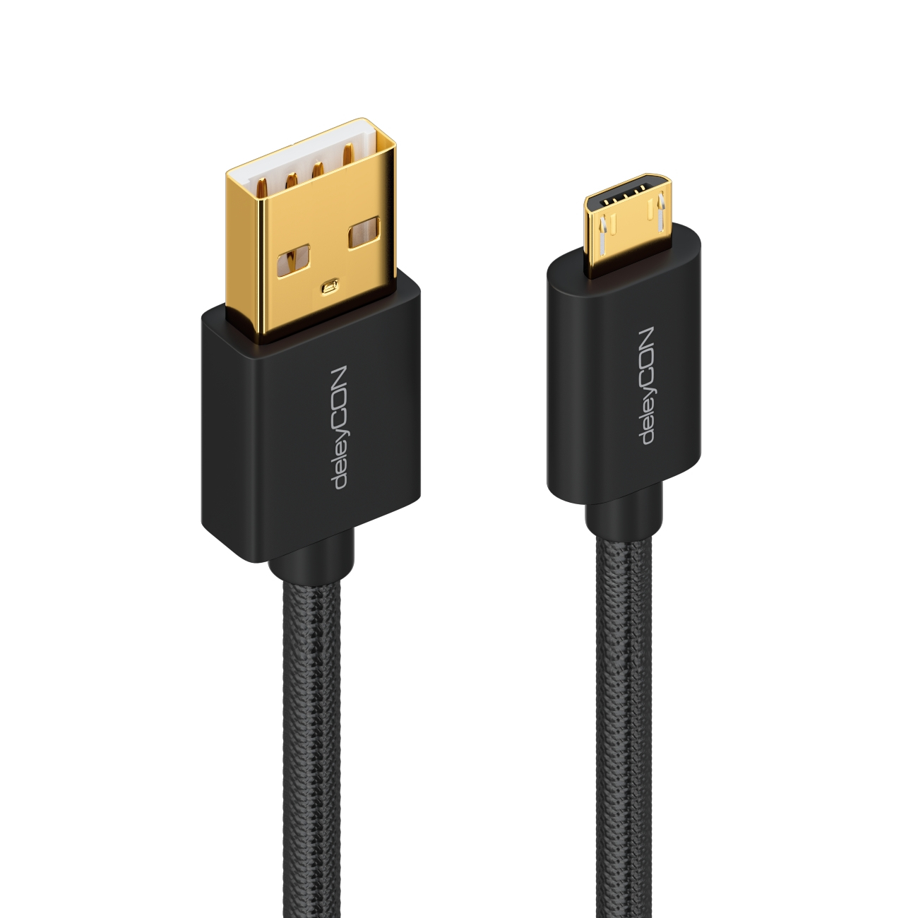 Schwarzes USB-Kabel mit USB-A- und Micro-USB-Anschluss, Goldkontakte.