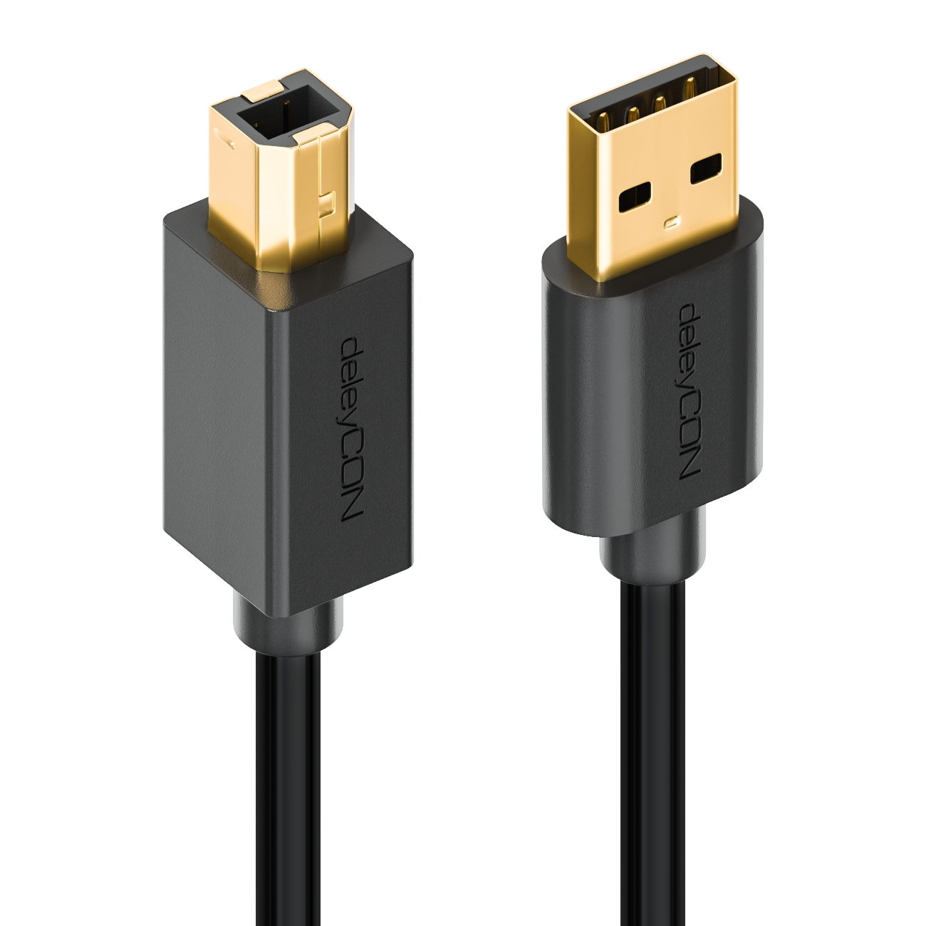 Zwei schwarze USB-Kabel mit goldenen Steckern. Der Markenname 'deleyCON' ist auf jedem Kabel aufgedruckt.