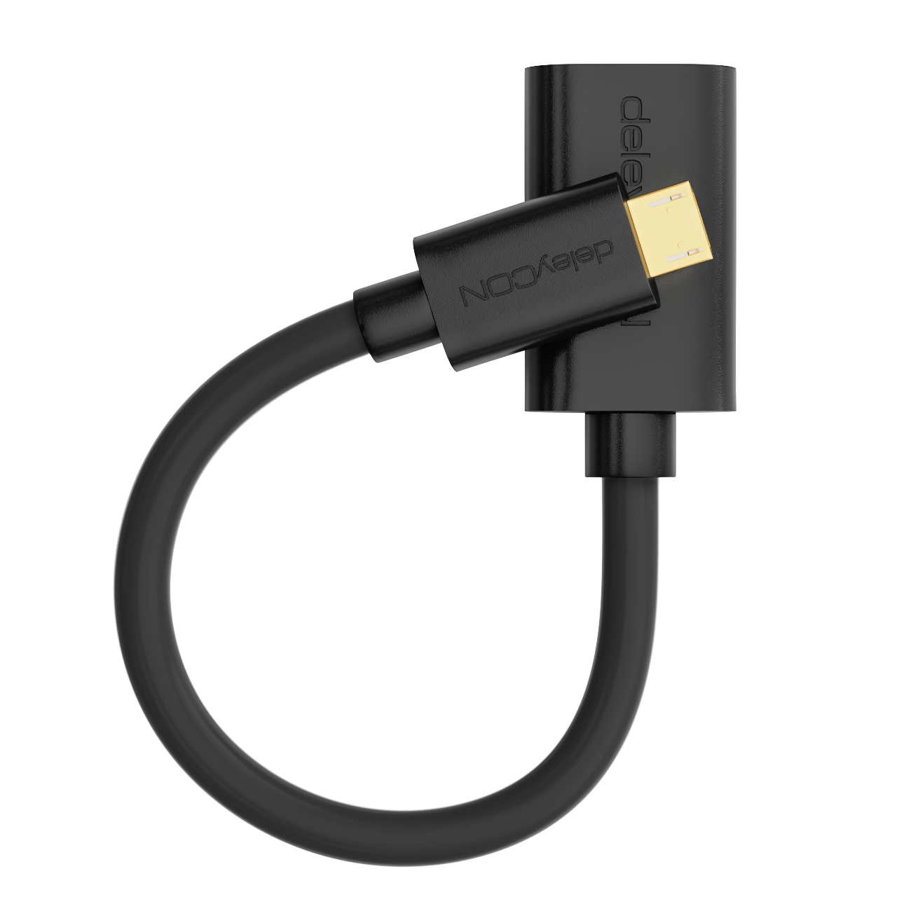 Schwarzes USB-C-Adapterkabel mit gebogenem Design, das beide Enden des Kabels zeigt.