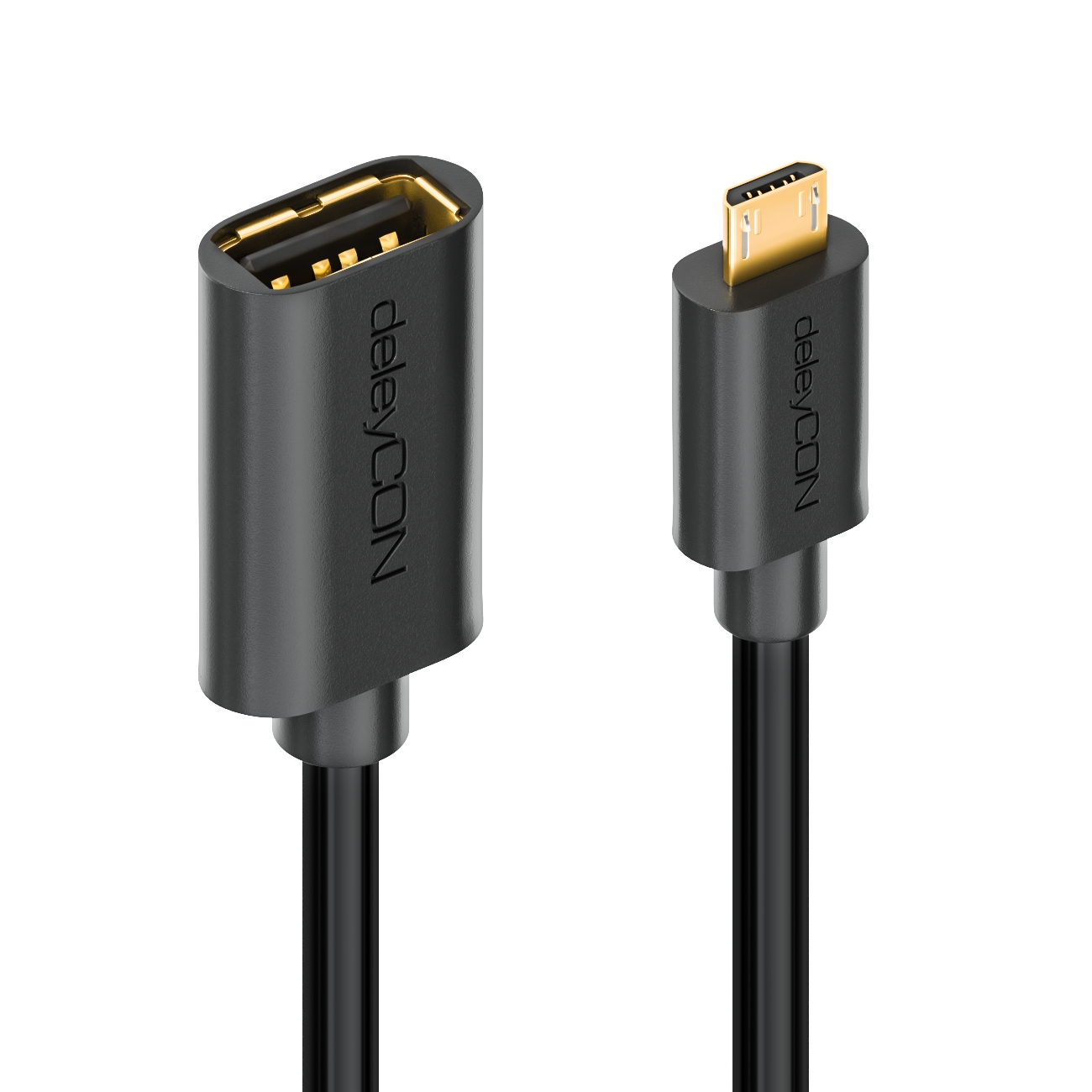 Zwei schwarze USB-C-Anschlüsse. Einer Standard, der andere ein Buchsentyp mit der Marke deleyCON.