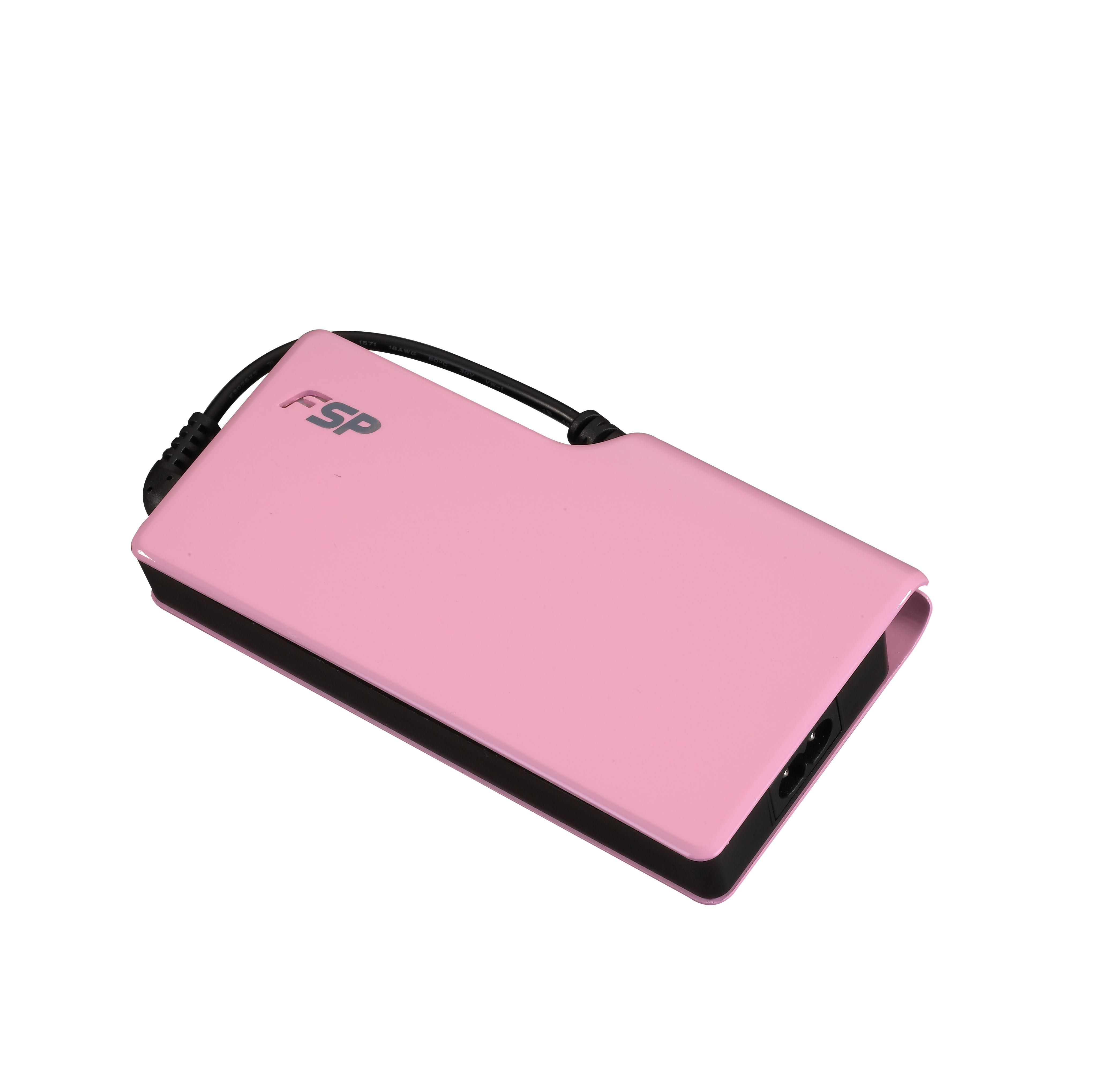 Hard disk esterno rosa con bordi neri, cavo nero, su sfondo bianco.