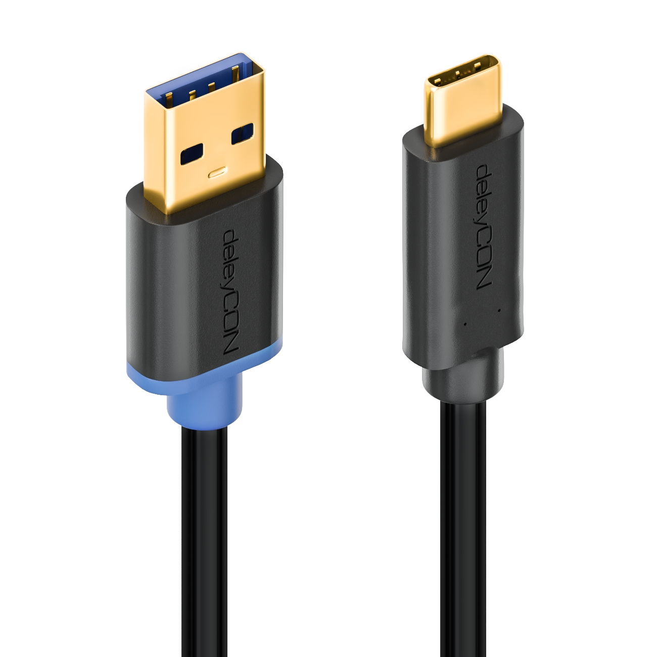 USB-Kabel mit USB-A- und USB-C-Anschlüssen. Schwarzes und blaues Kabel.