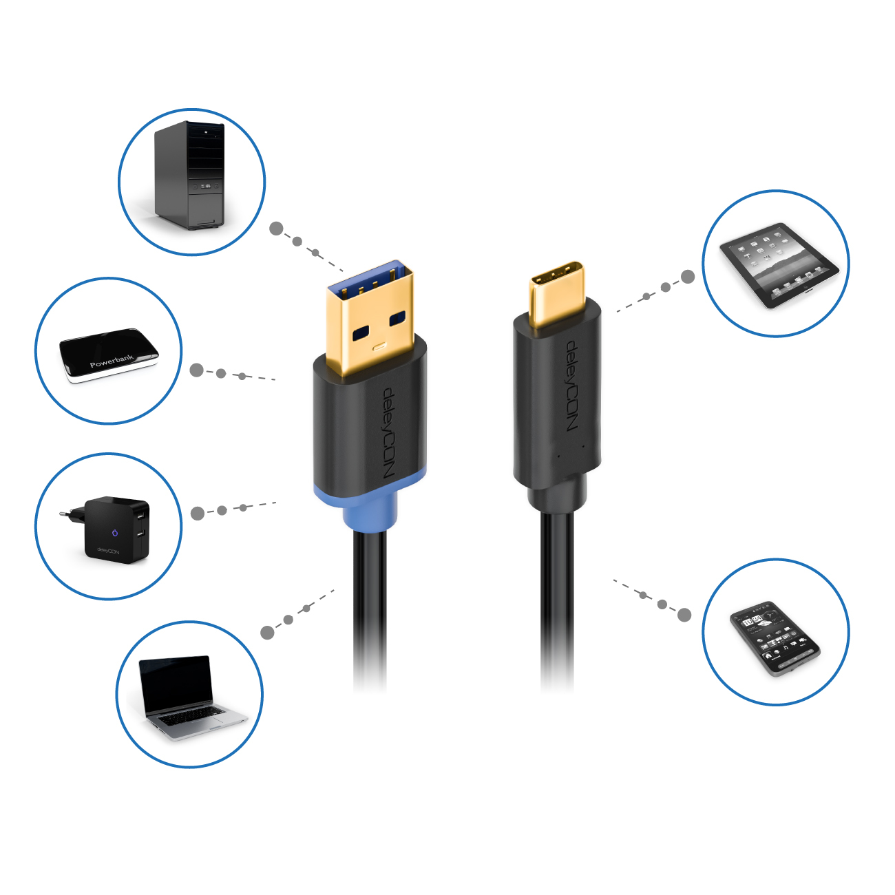 Ein USB-C-zu-USB-Kabel, das mit verschiedenen Geräten wie einem Laptop und einem Tablet verbunden ist.