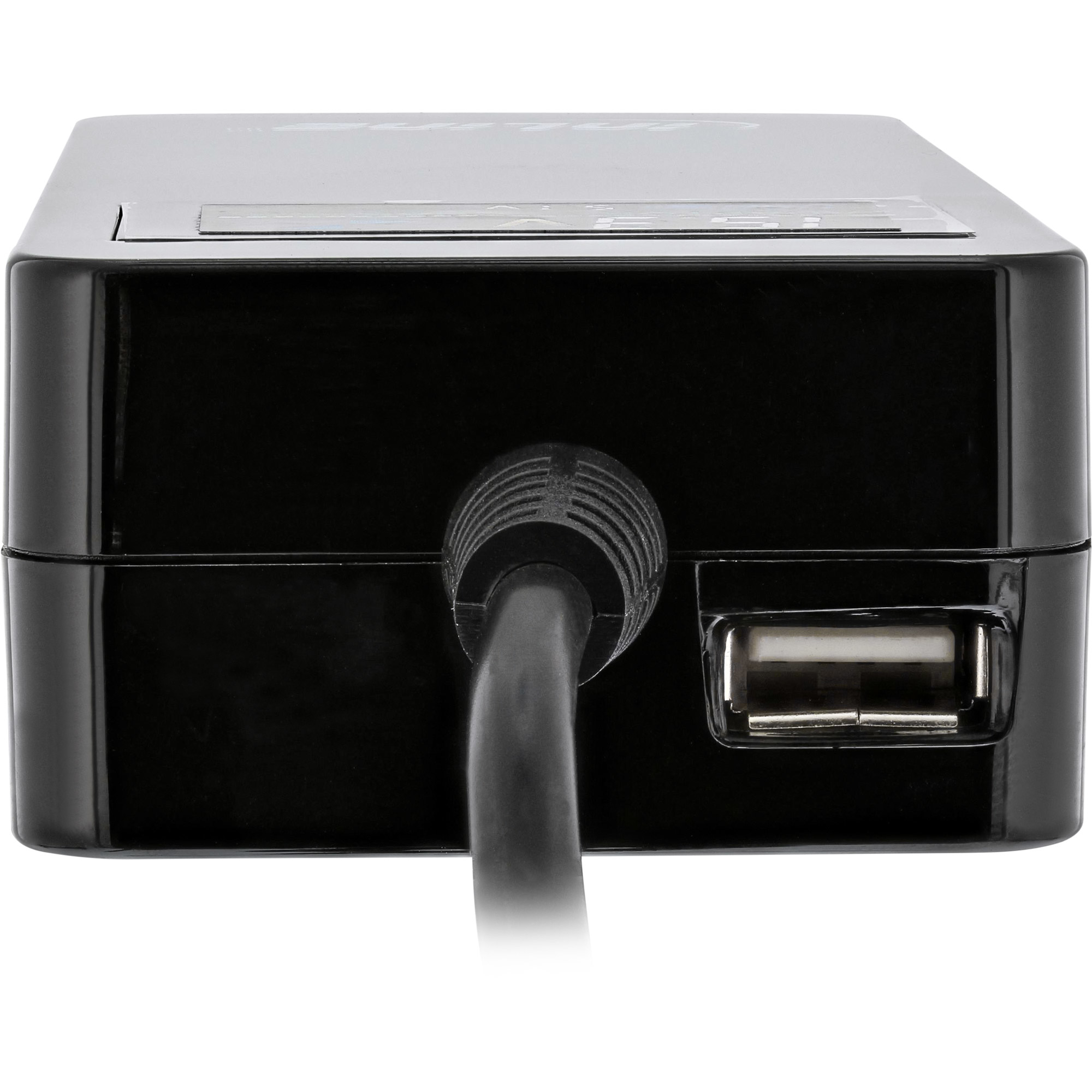 Un adattatore di alimentazione nero con porta USB e cavo nero collegato.