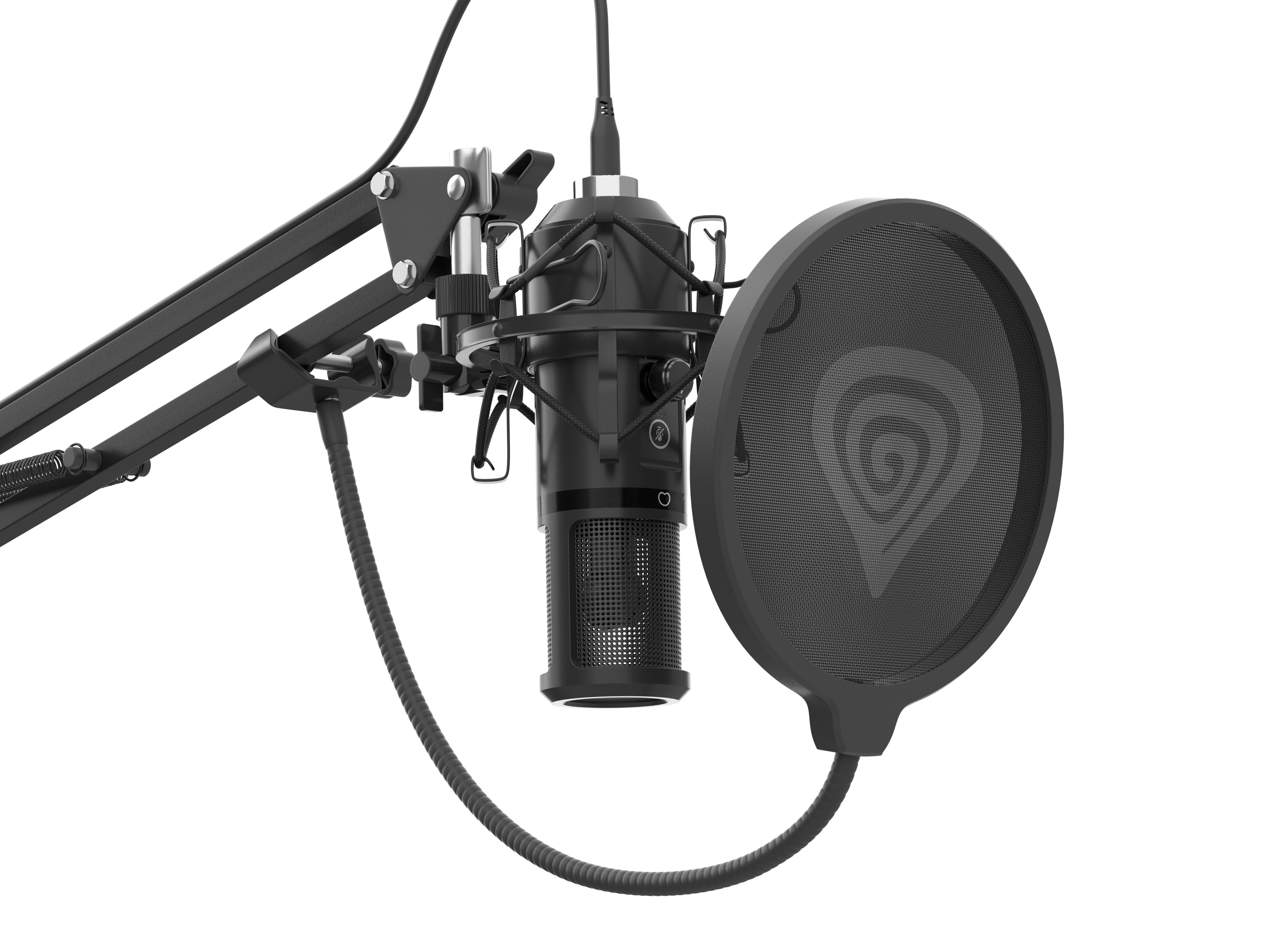 Zwarte microfoon met popfilter en arm. De microfoon en filter staan voor een witte achtergrond.