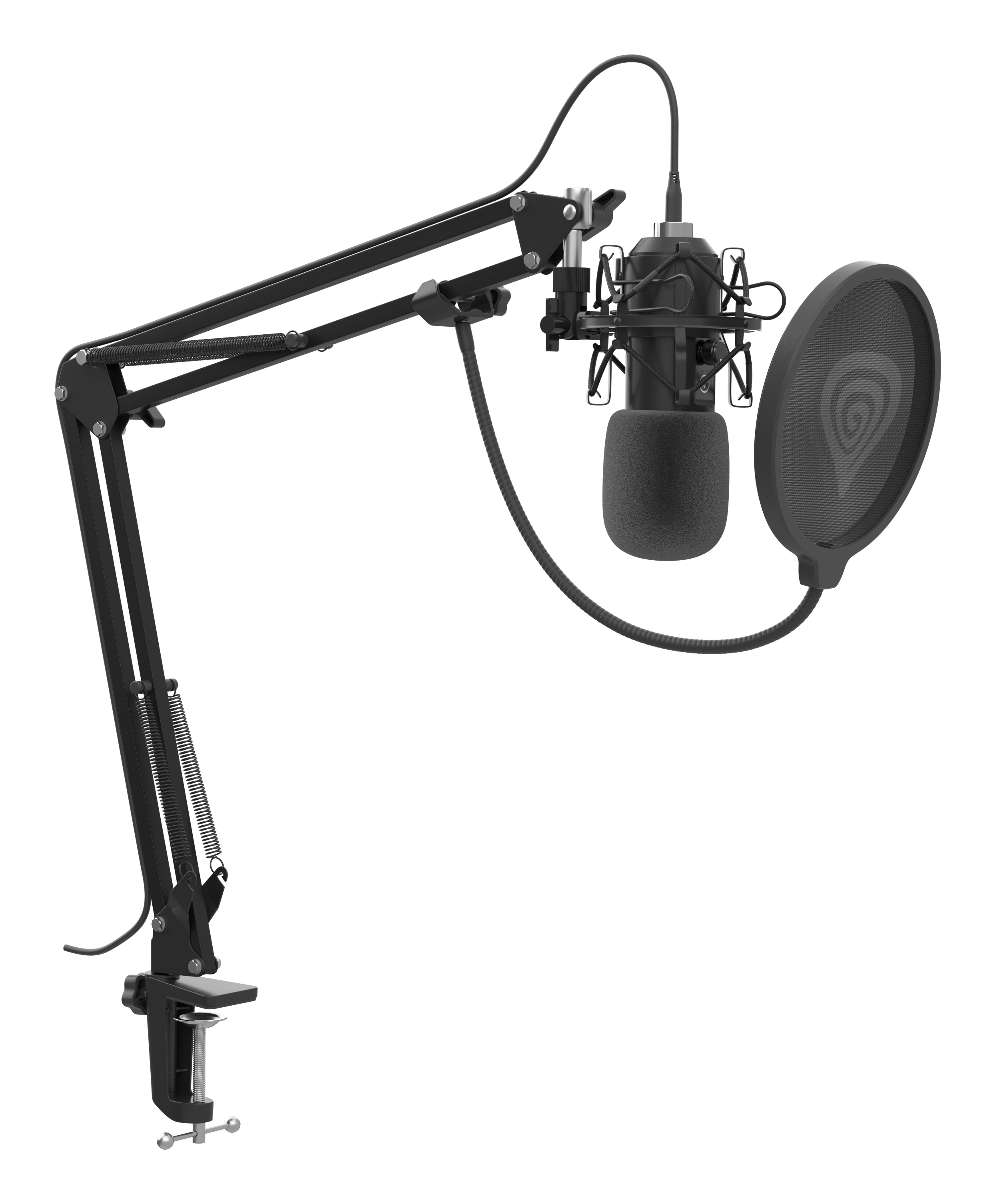 Zwarte microfoon op statief met popfilter, geïsoleerd op wit.