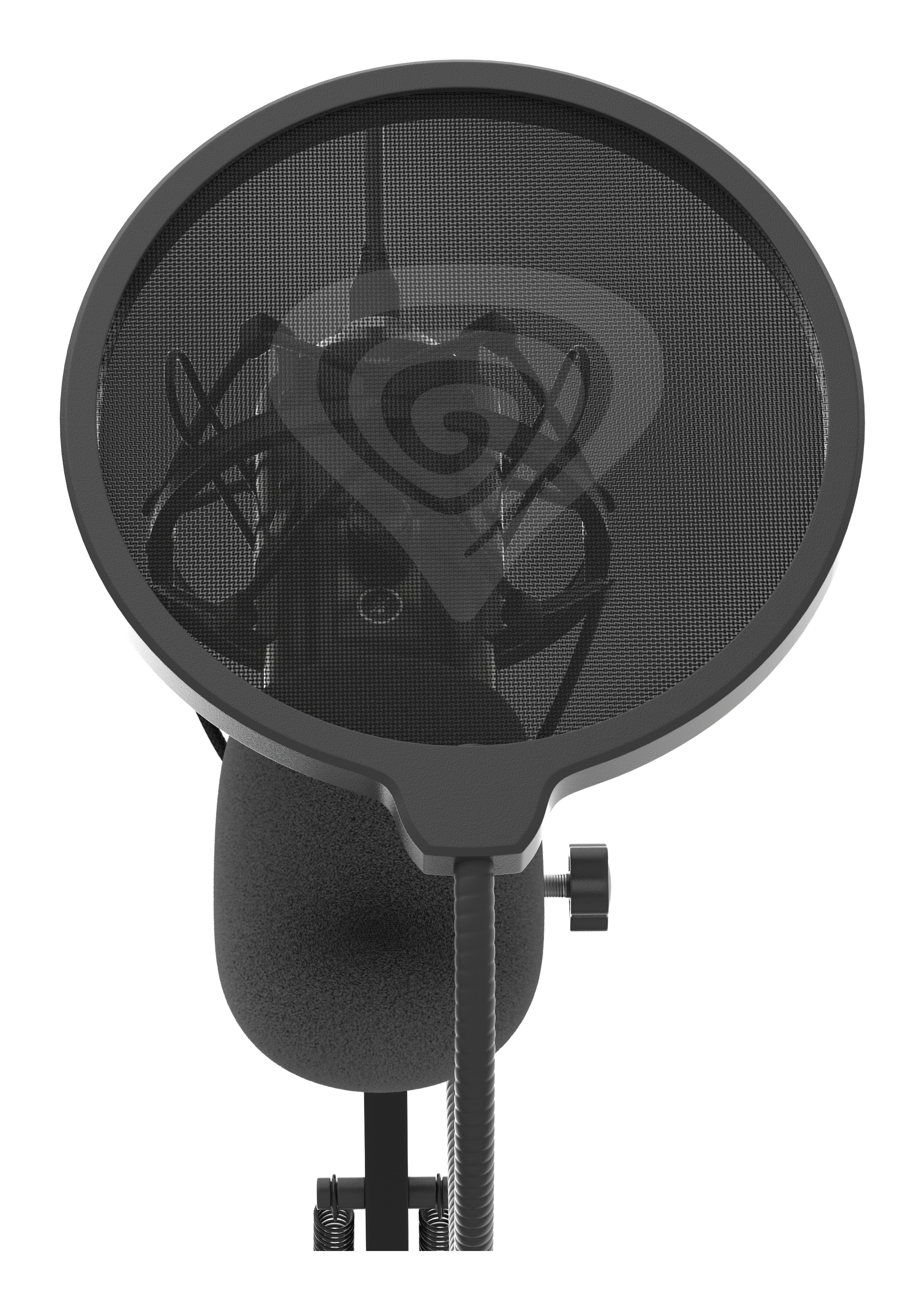 Microfoon met popfilter ervoor. Witte achtergrond.