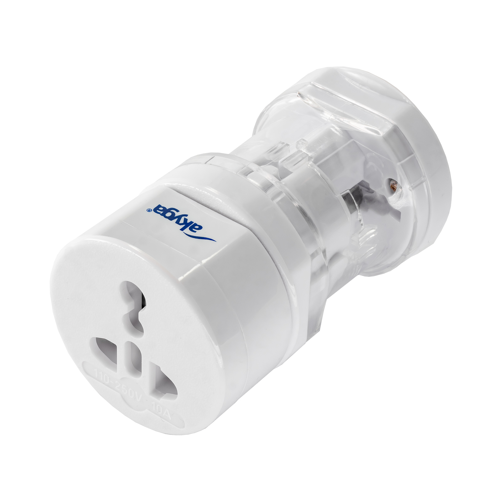 Biały i przezroczysty adapter zasilania z wieloma międzynarodowymi konfiguracjami wtyczek.