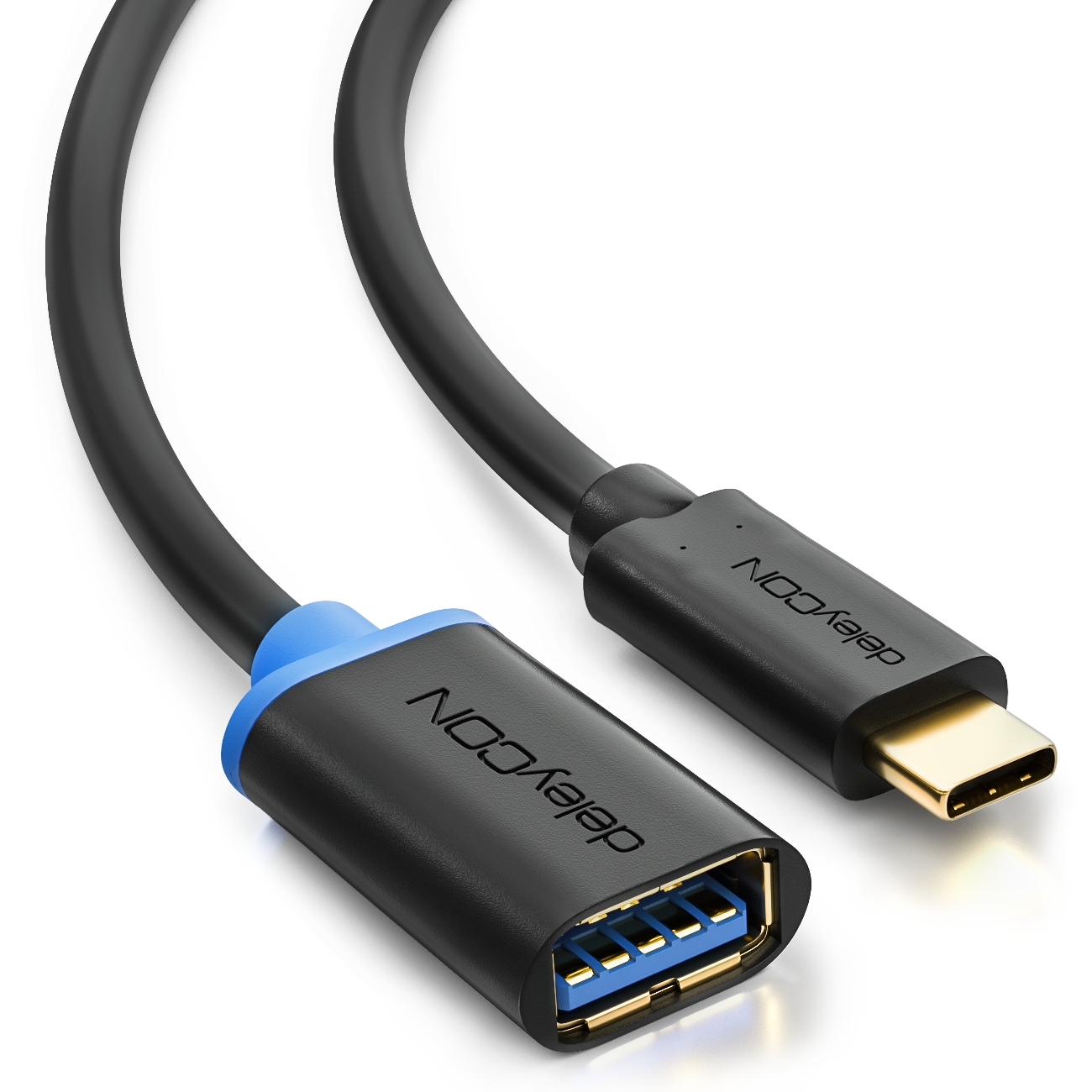 Schwarzes USB-C-auf-USB-A-Adapterkabel. Es ist schwarz und blau. Der Markenname 'deleyCON' steht auf dem Kabel.