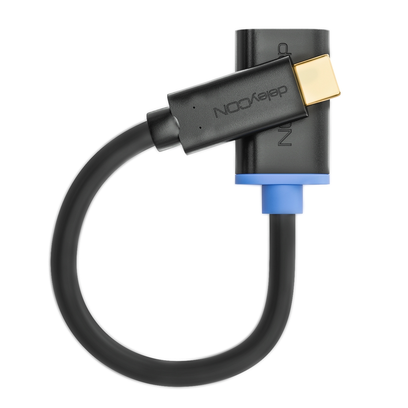 Schwarzes Adapterkabel. Ein Ende ist HDMI, das andere ein USB-C-Anschluss. Weißer Hintergrund.