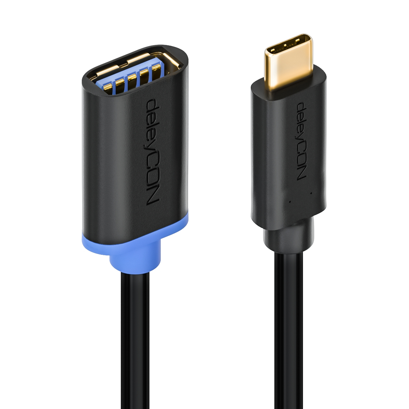 Schwarzes Adapterkabel mit USB-C- und USB-A-Anschlüssen. Blaue und goldene Akzente. Weißer Hintergrund.