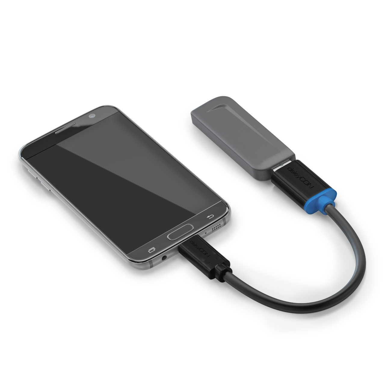 Smartphone mit einem USB-C-Adapterkabel verbunden. Der Adapter ist mit einer grauen Festplatte verbunden.