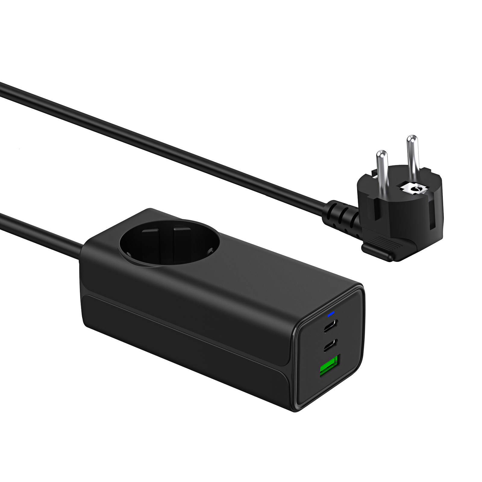 Schwarzer Netzadapter mit Euro-Stecker, USB-Ladeanschluss und grünem Licht.