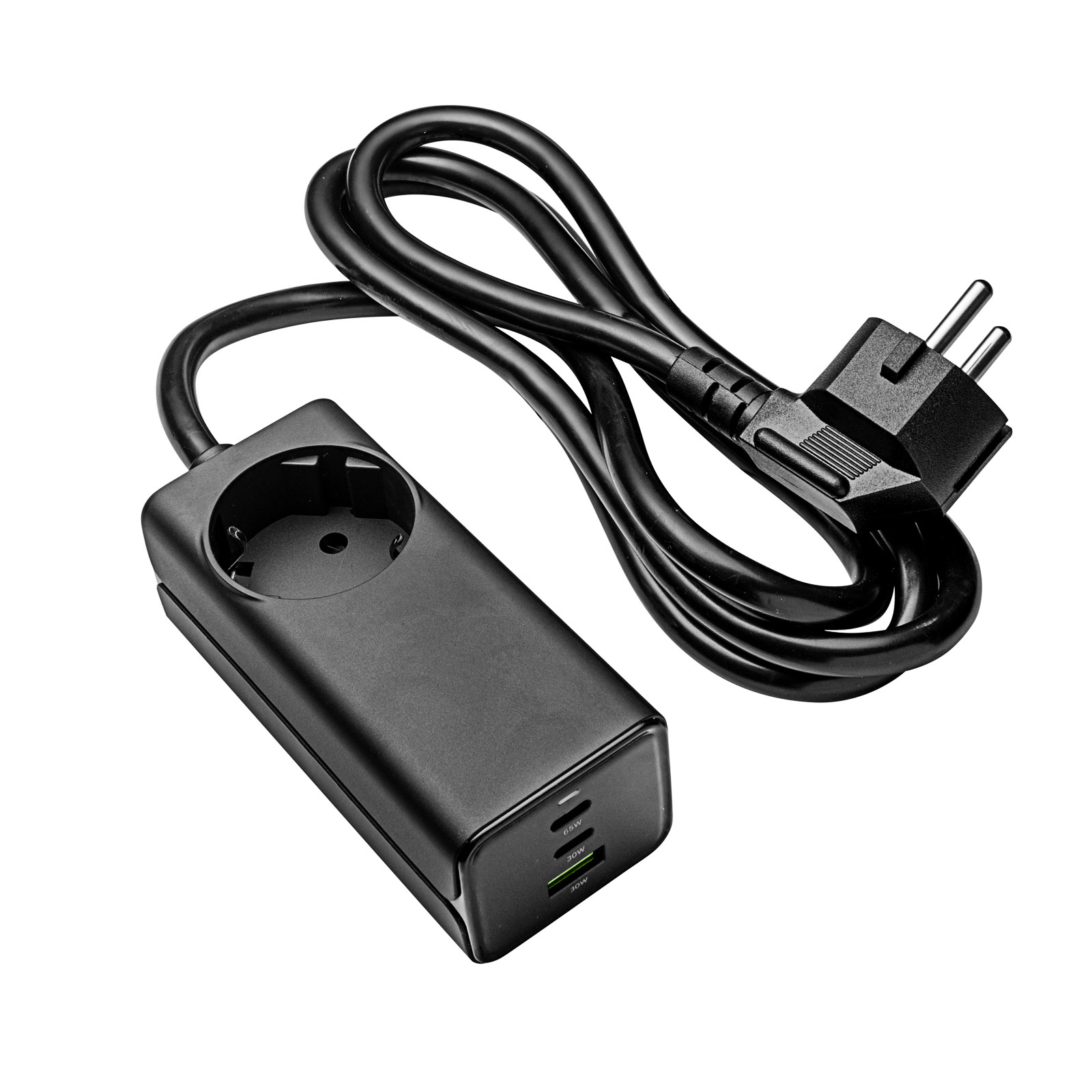 Schwarzer Netzadapter mit Eurostecker, mehreren USB-Anschlüssen und schwarzem Kabel.