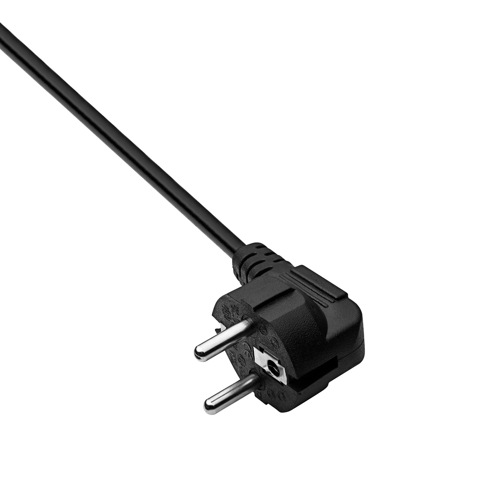 Schwarzer Netzstecker mit zwei Stiften, am Ende abgewinkelt, auf weißem Hintergrund.