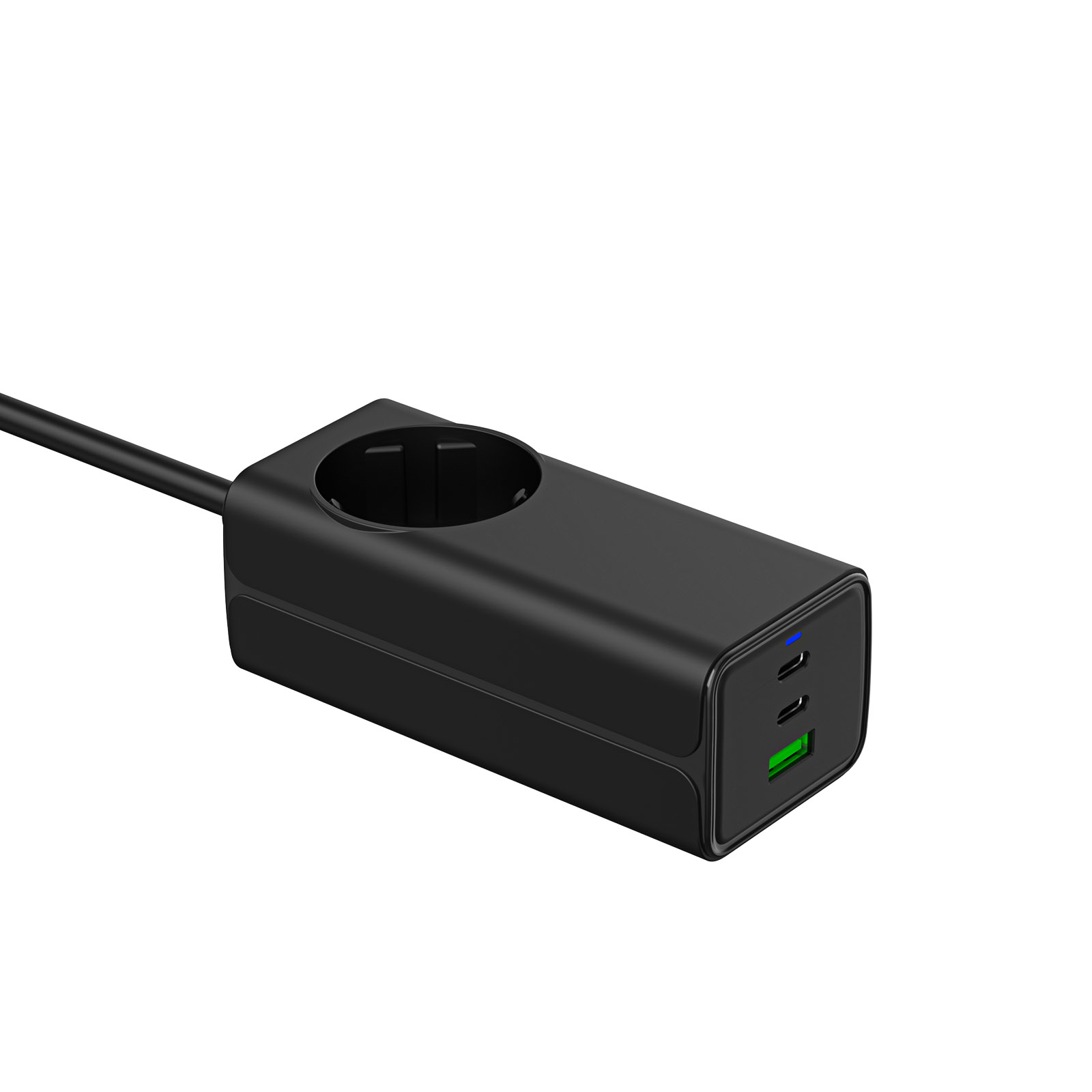 Schwarzer Netzadapter mit Eurostecker und mehreren USB-Ladeanschlüssen.