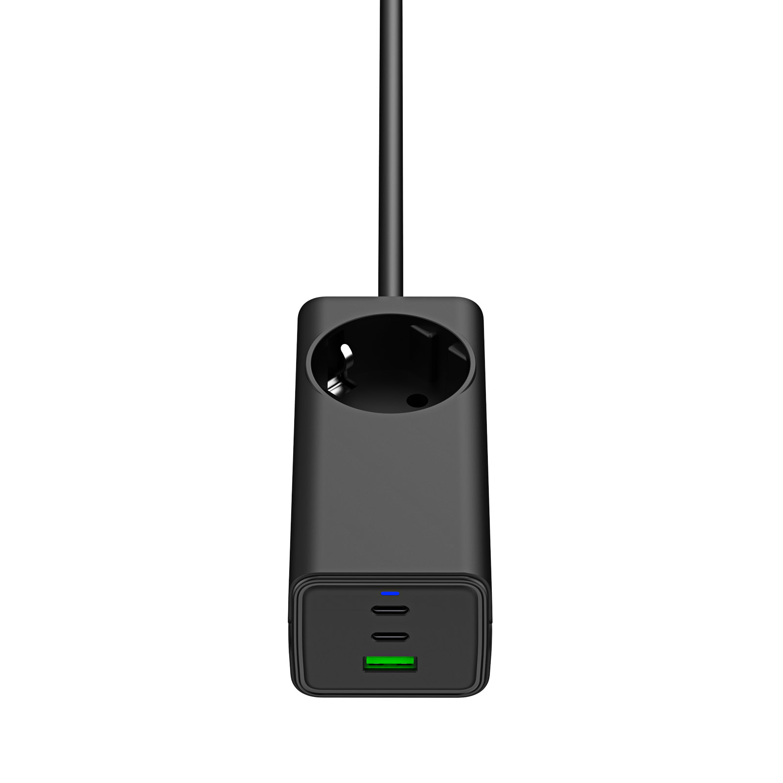 Schwarzer Adapter mit Steckdose und USB-C-Anschlüssen, mit grünem Licht.