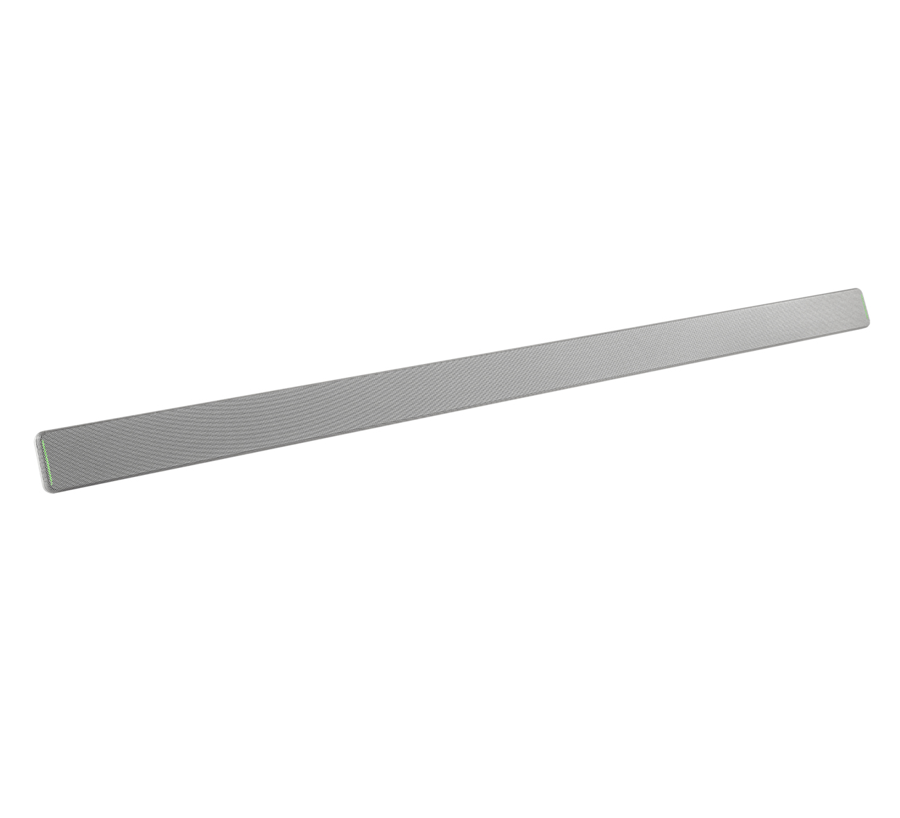 Soundbar grigia lunga, con un design a rete, su sfondo bianco.