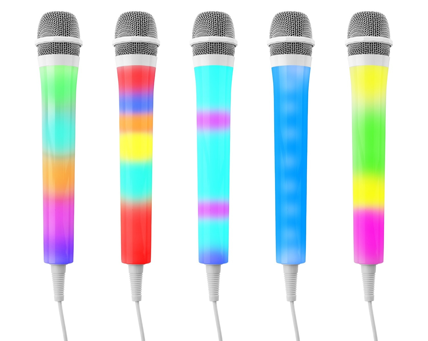 Cinco micrófonos con tallos de color arcoíris.