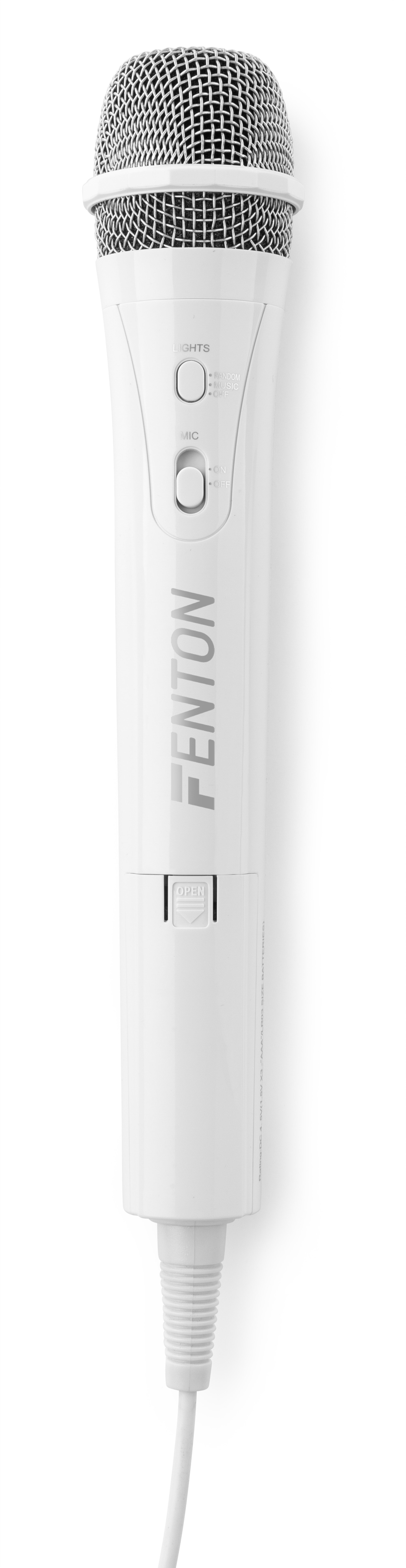 Un micrófono blanco con la marca 'Fenton', sobre un fondo blanco.
