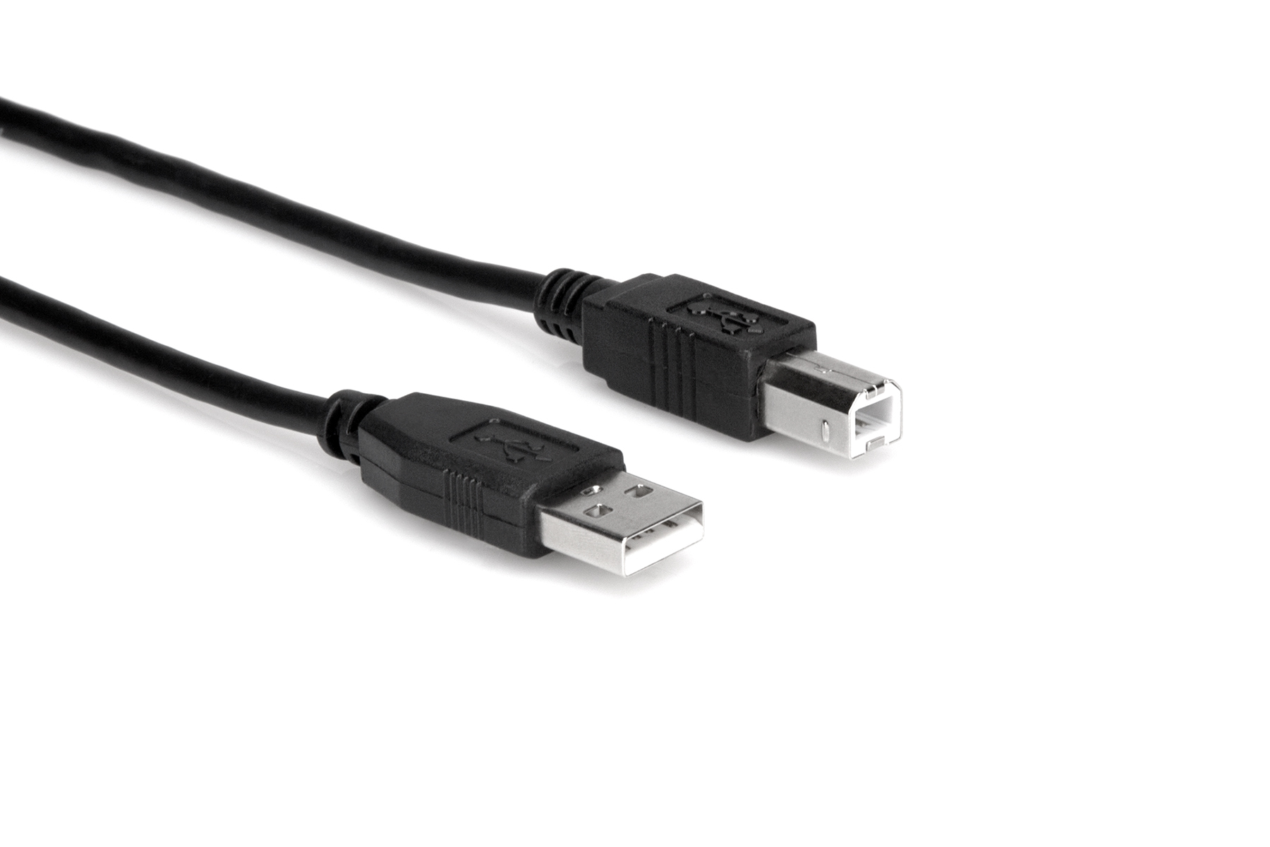 Due cavi USB neri con connettori USB-A e USB-B su sfondo bianco.