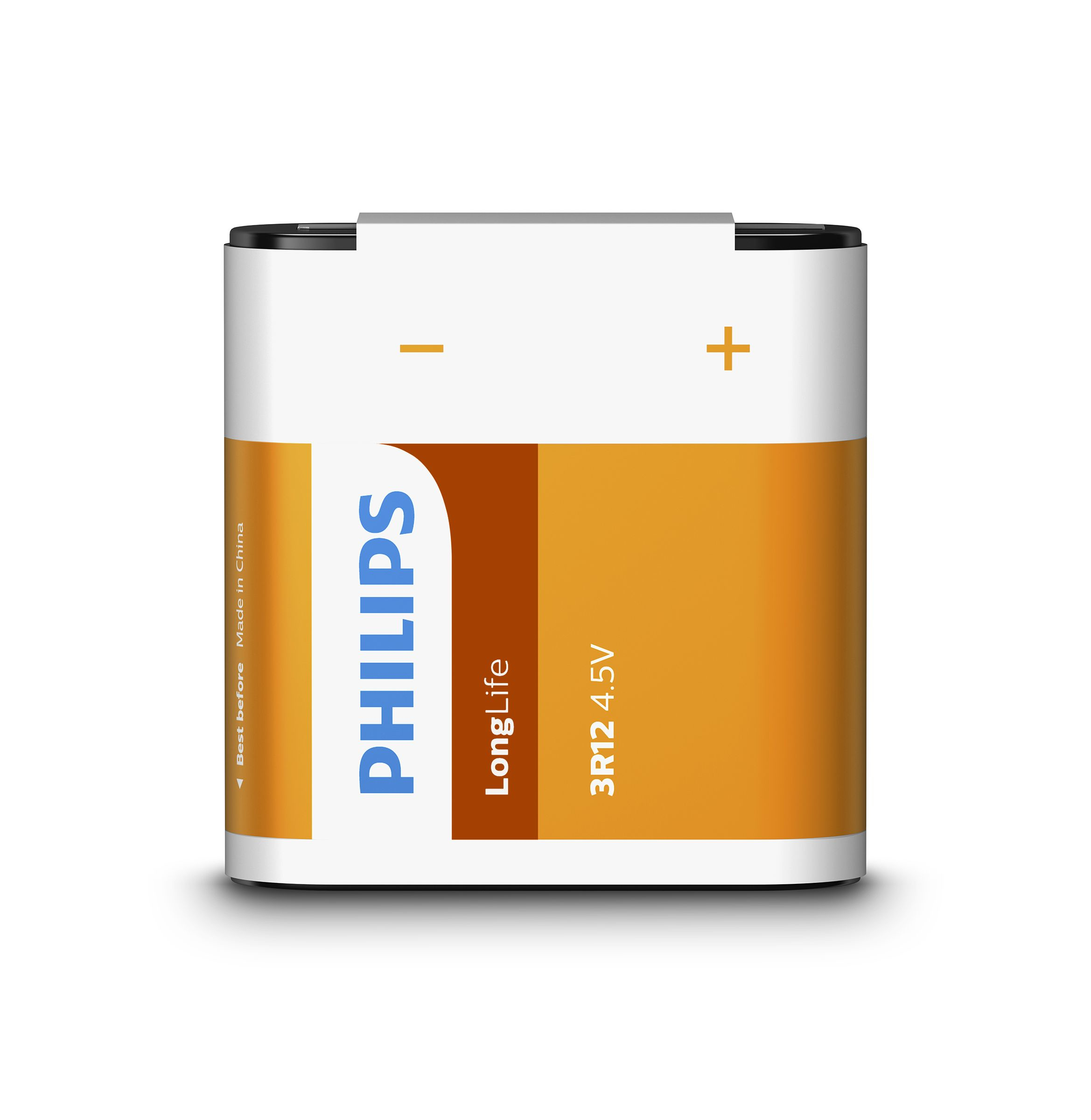 Una batteria Philips 3R12 4.5V, arancione e bianca, con un segno + e - sopra, su sfondo bianco.