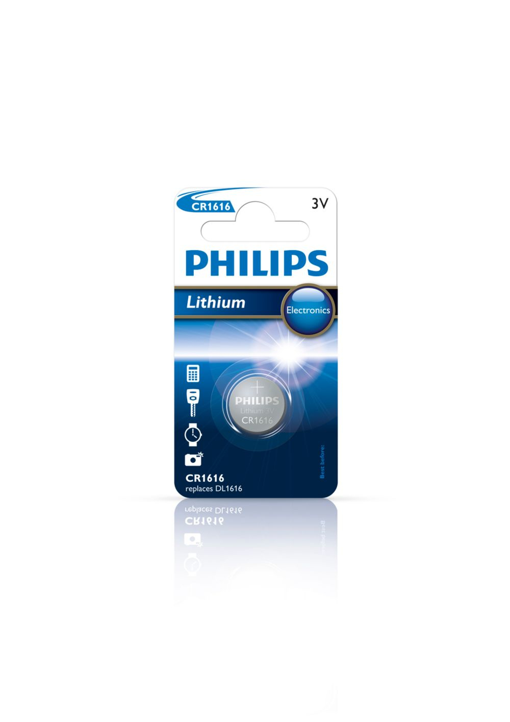 Una batteria al litio Philips CR1616 nella sua confezione, con sfondo bianco e riflesso del prodotto.