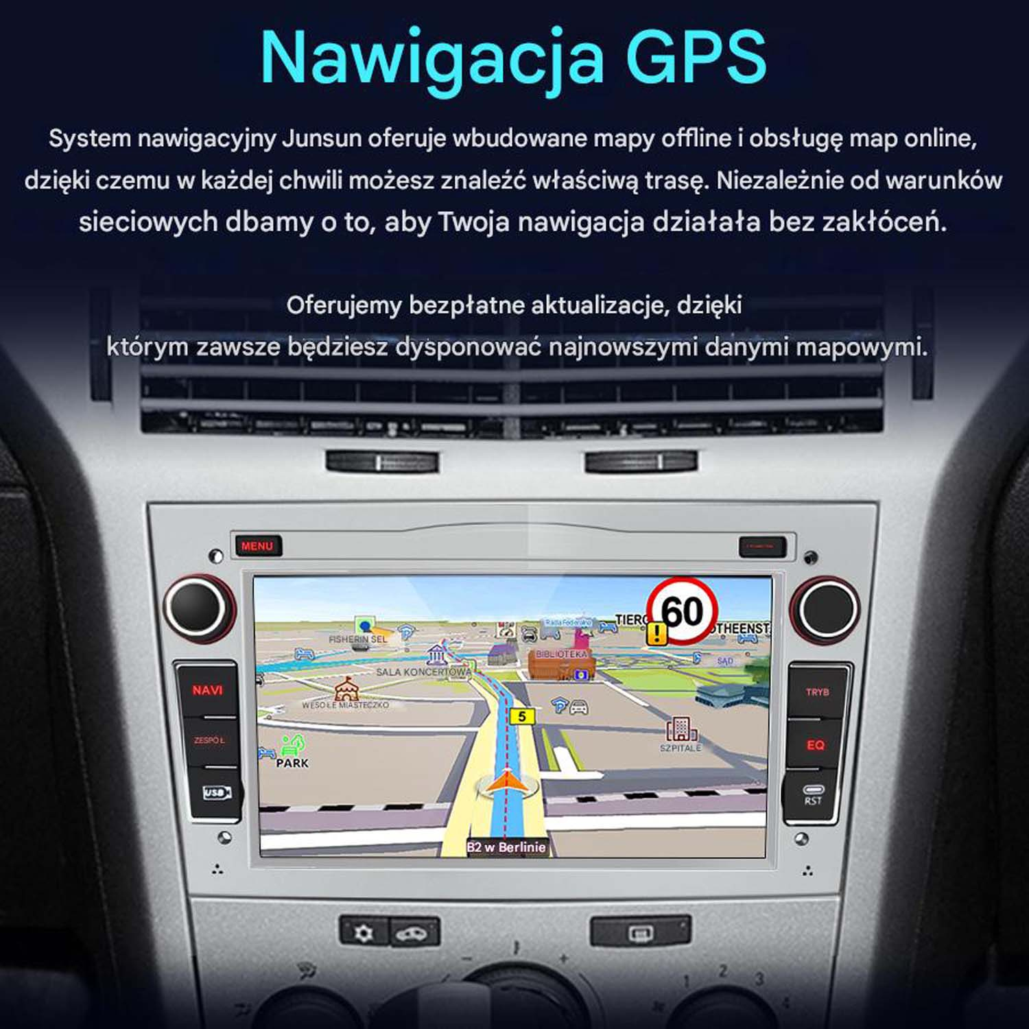 Interfejs odtwarzacza multimedialnego w samochodzie. Ekran dotykowy wyświetla mapę nawigacji GPS. Srebrna ramka, tekst po polsku.