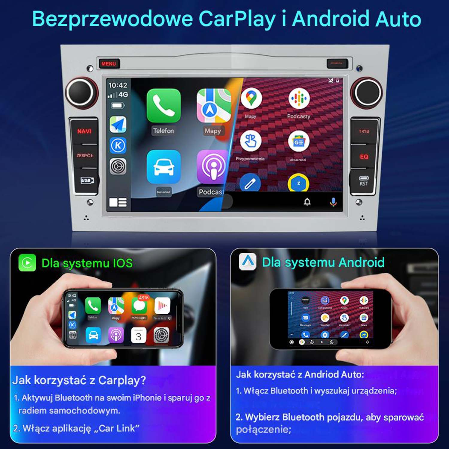 Radio samochodowe z nawigacją i aplikacjami telefonicznymi na ekranie. Dwa mniejsze ekrany poniżej.