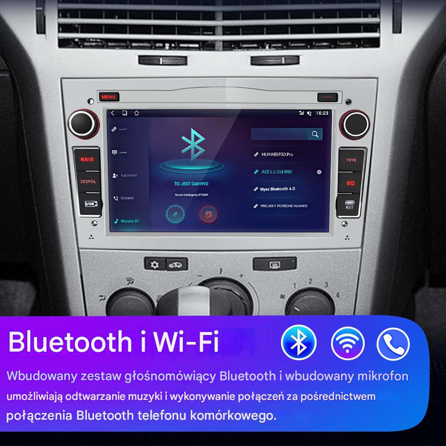 Interfejs odtwarzacza multimedialnego w samochodzie. Ekran dotykowy wyświetla funkcje Bluetooth i Wi-Fi. Srebrna ramka, kolorowe ikony.