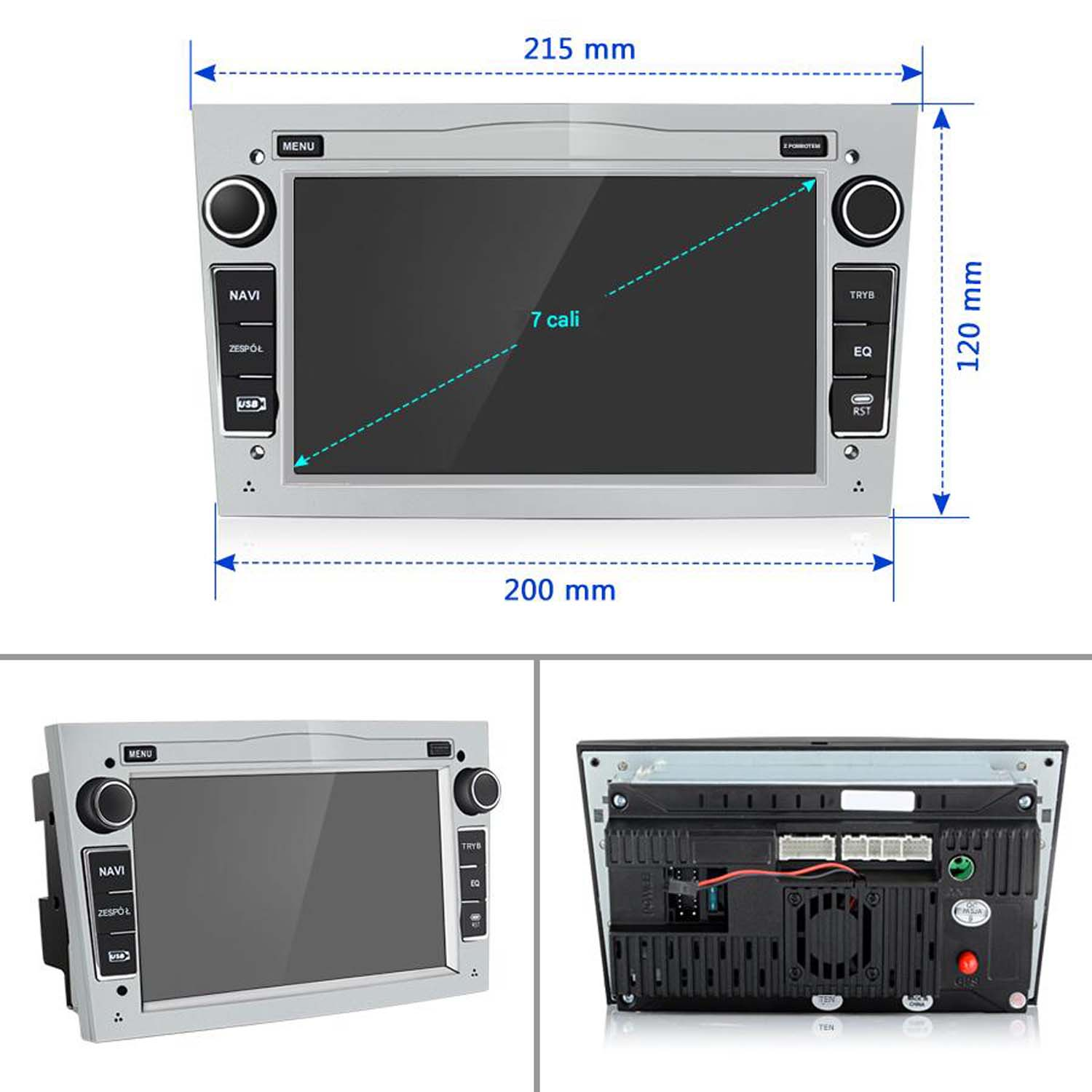 System stereo samochodowy z oznaczonymi wymiarami: 215 mm x 120 mm i 200 mm, plus dwa widoki.