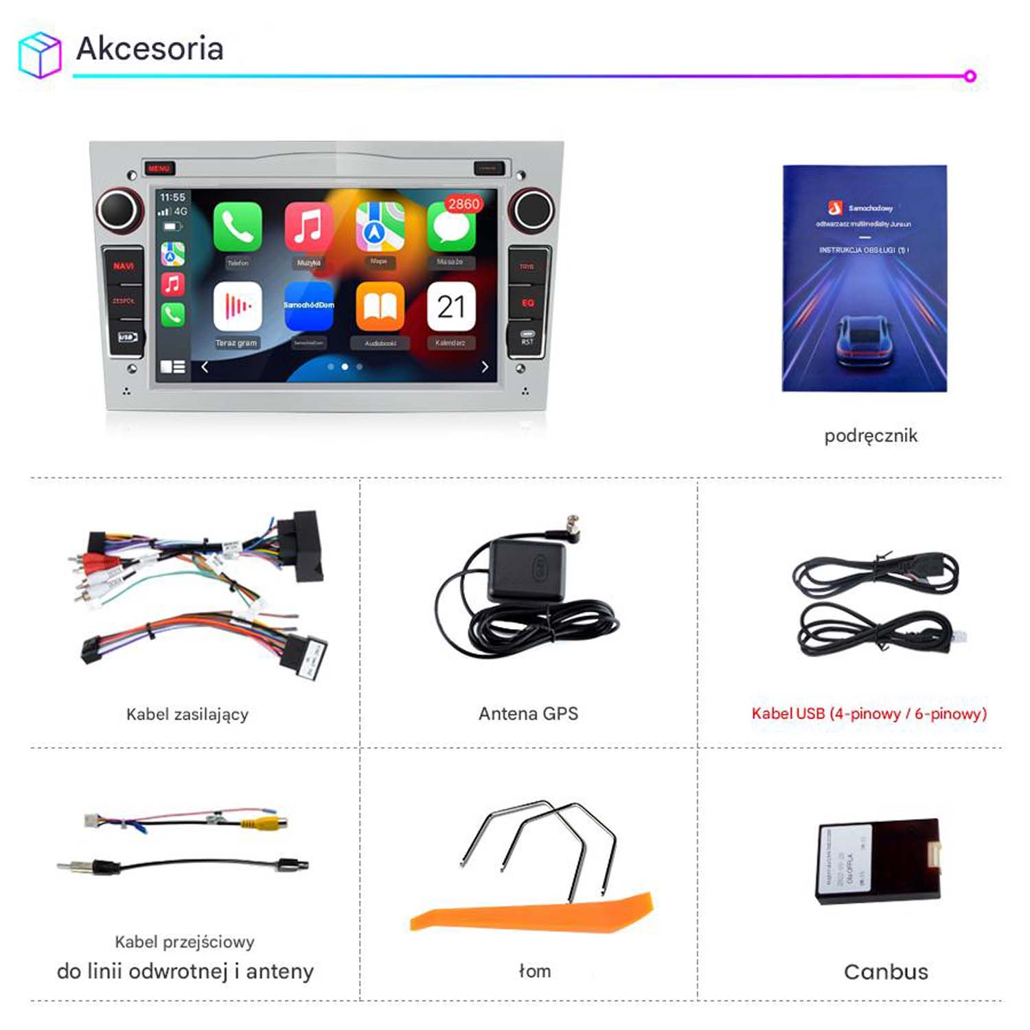Zestaw akcesoriów do radia samochodowego, w tym jednostka centralna, kable, antena GPS i inne.