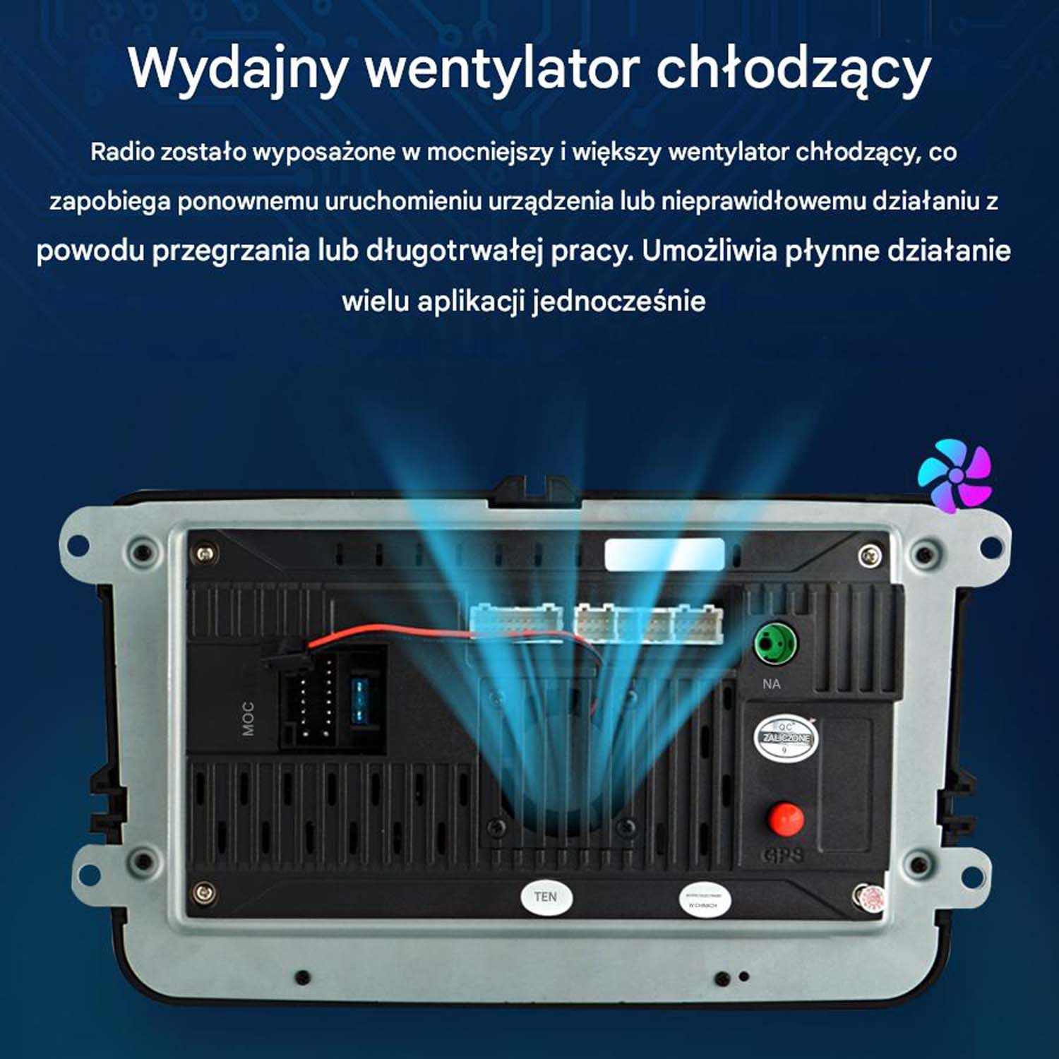 Tył systemu stereo samochodowego z wentylatorem chłodzącym, ilustracją niebieskiego przepływu powietrza i etykietami.