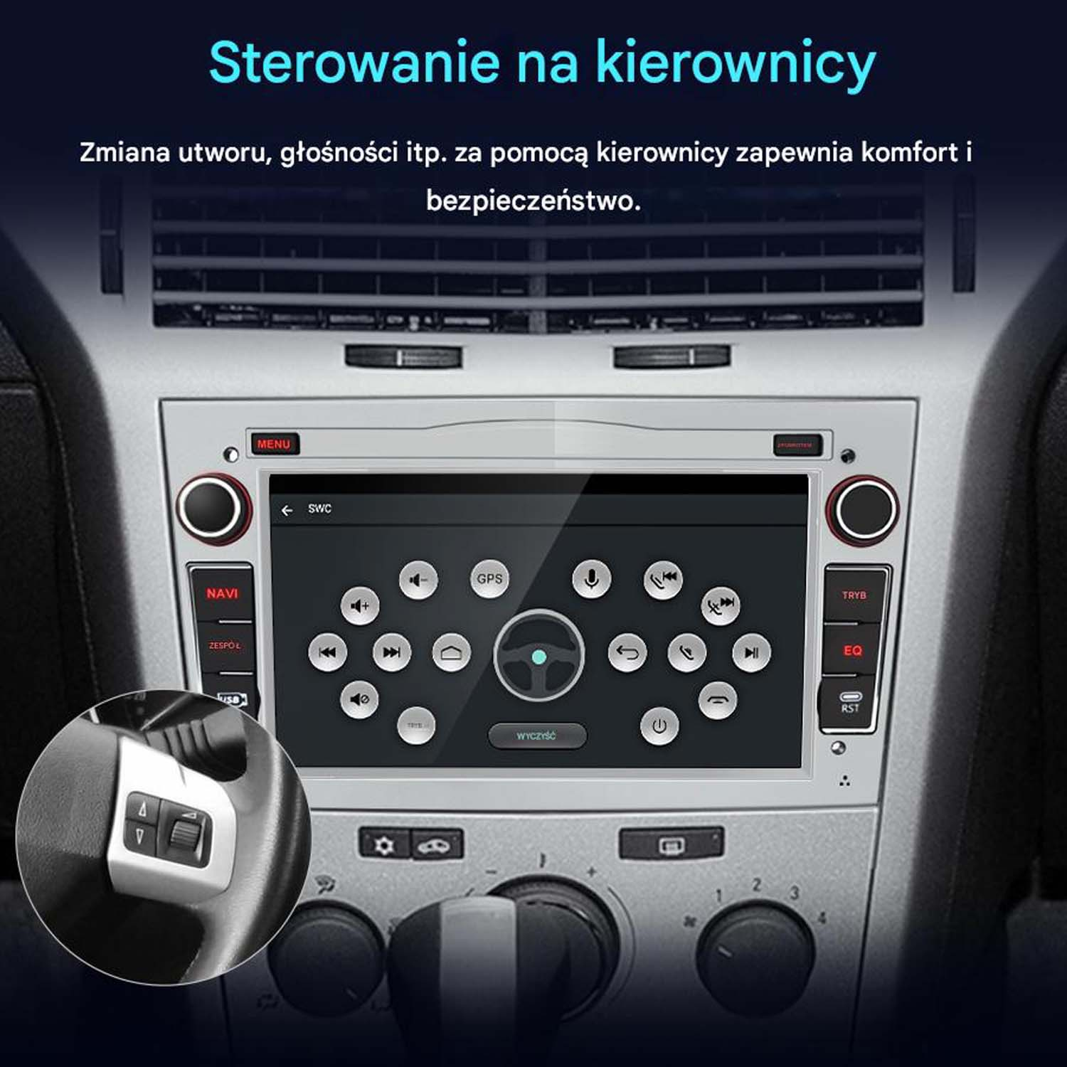 Radio samochodowe z ekranem dotykowym, przyciskami. Sterowanie kierownicą wyświetlane w rogu. Tekst na ekranie.
