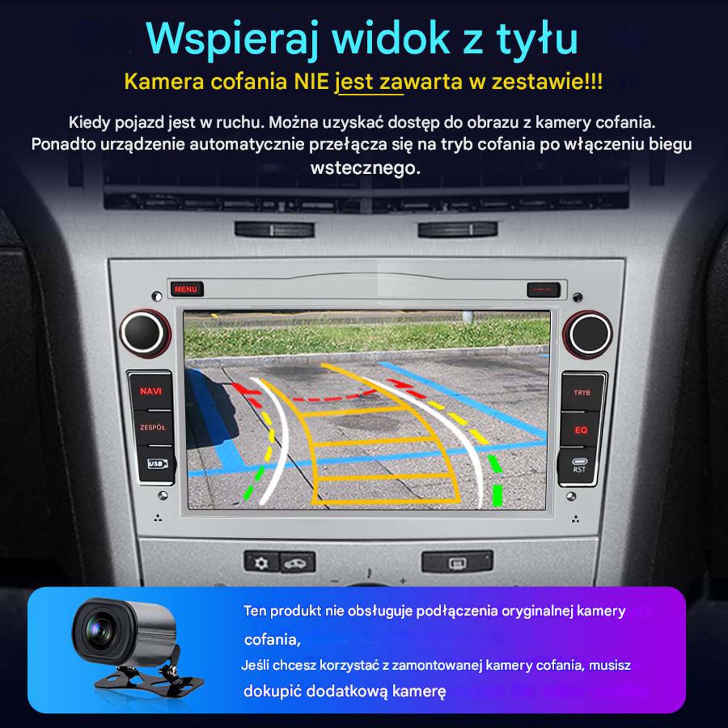 Ekran radia samochodowego wyświetlający widok kamery cofania, plus aparat i powiązany tekst.
