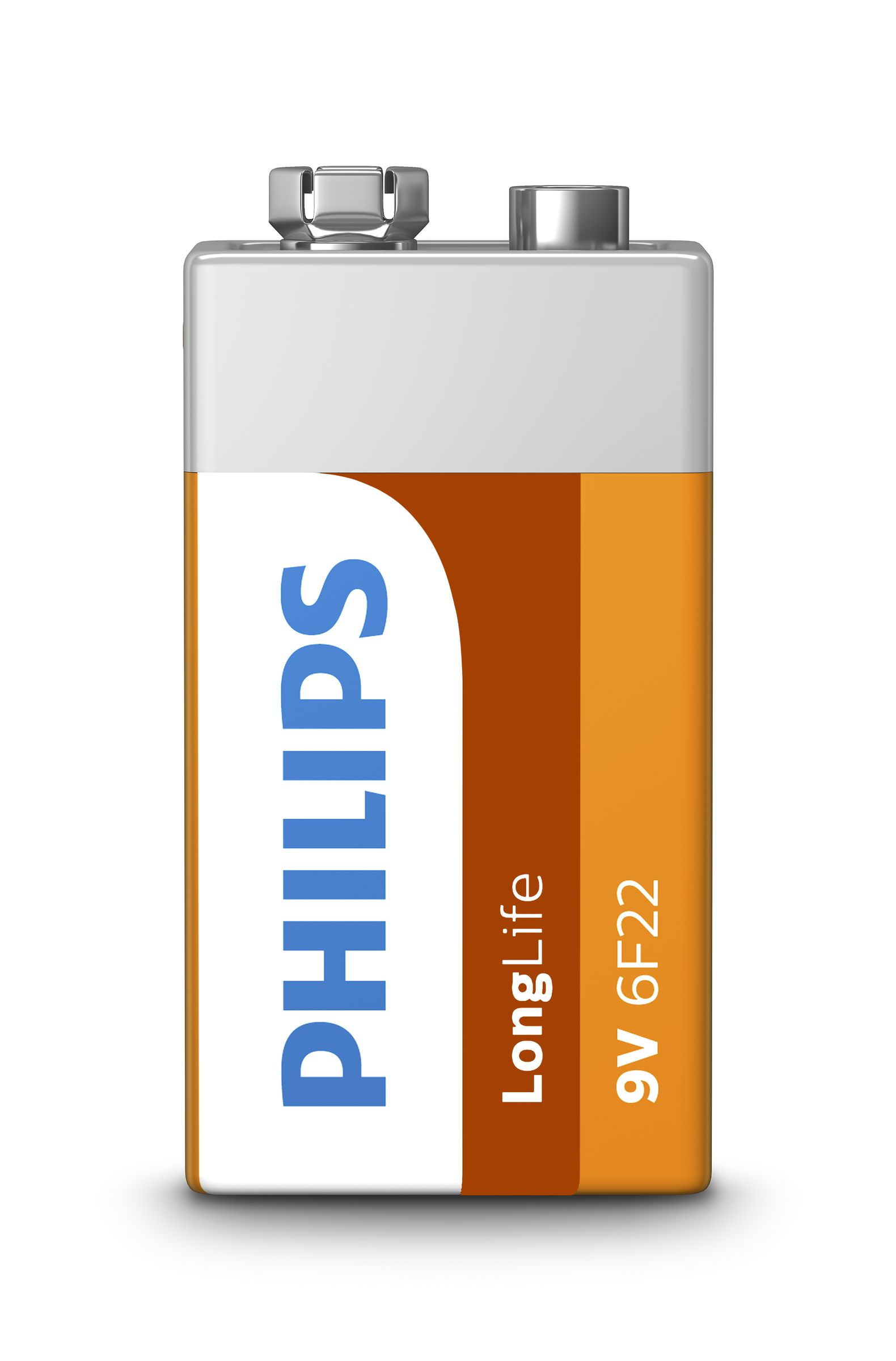 Pila Philips 9V, schema di colori arancione e bianco, con etichette LongLife e 9V 6F22.