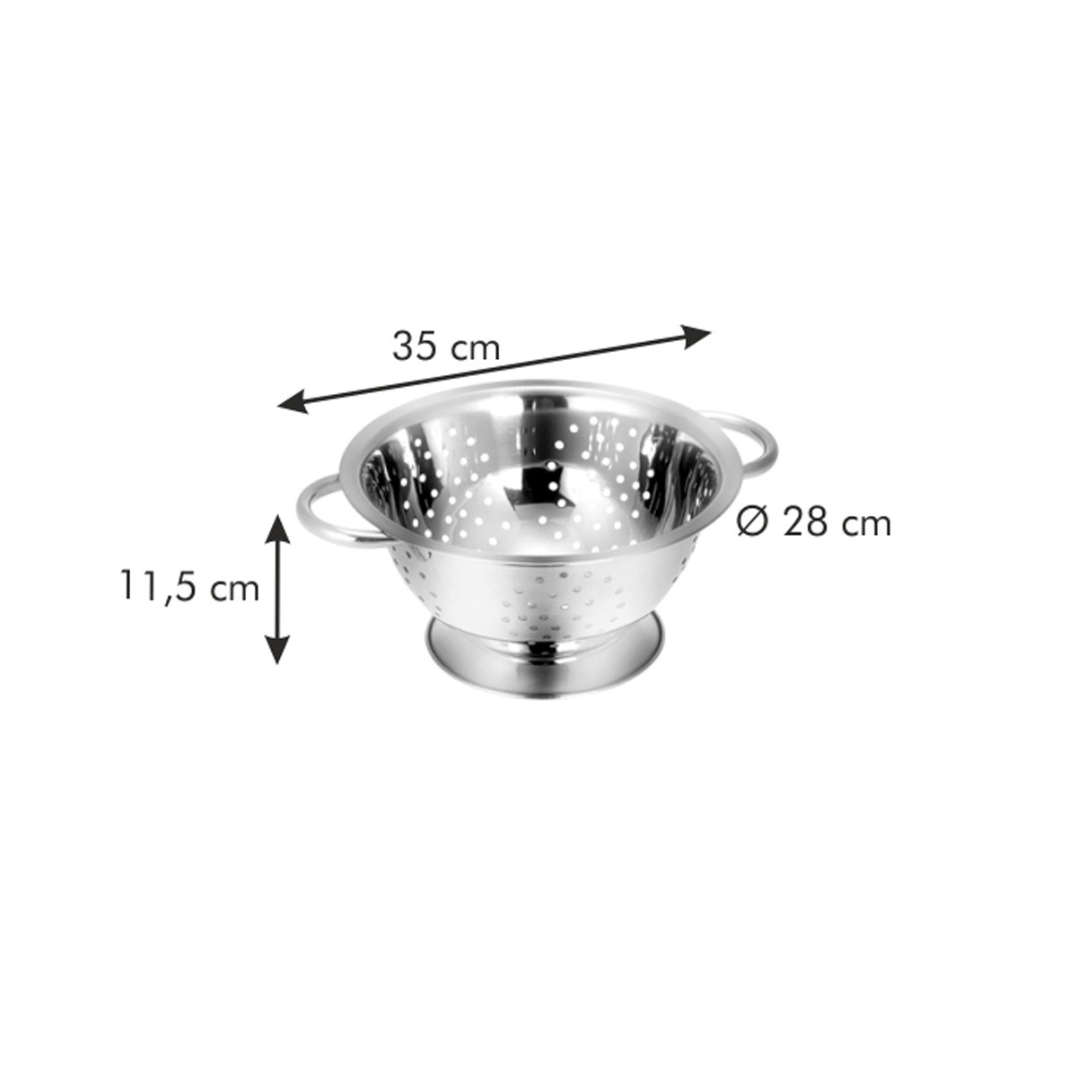 Edelstahl-Abtropfsieb mit Abmessungen: 35 cm breit, 28 cm Durchmesser, 11,5 cm hoch.