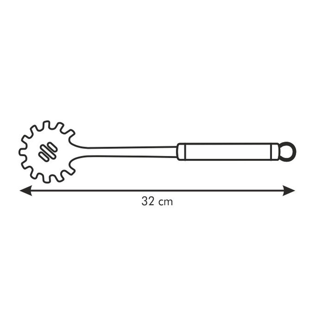 Un servitore per spaghetti, in acciaio inossidabile, con una freccia di misurazione da 32 cm.